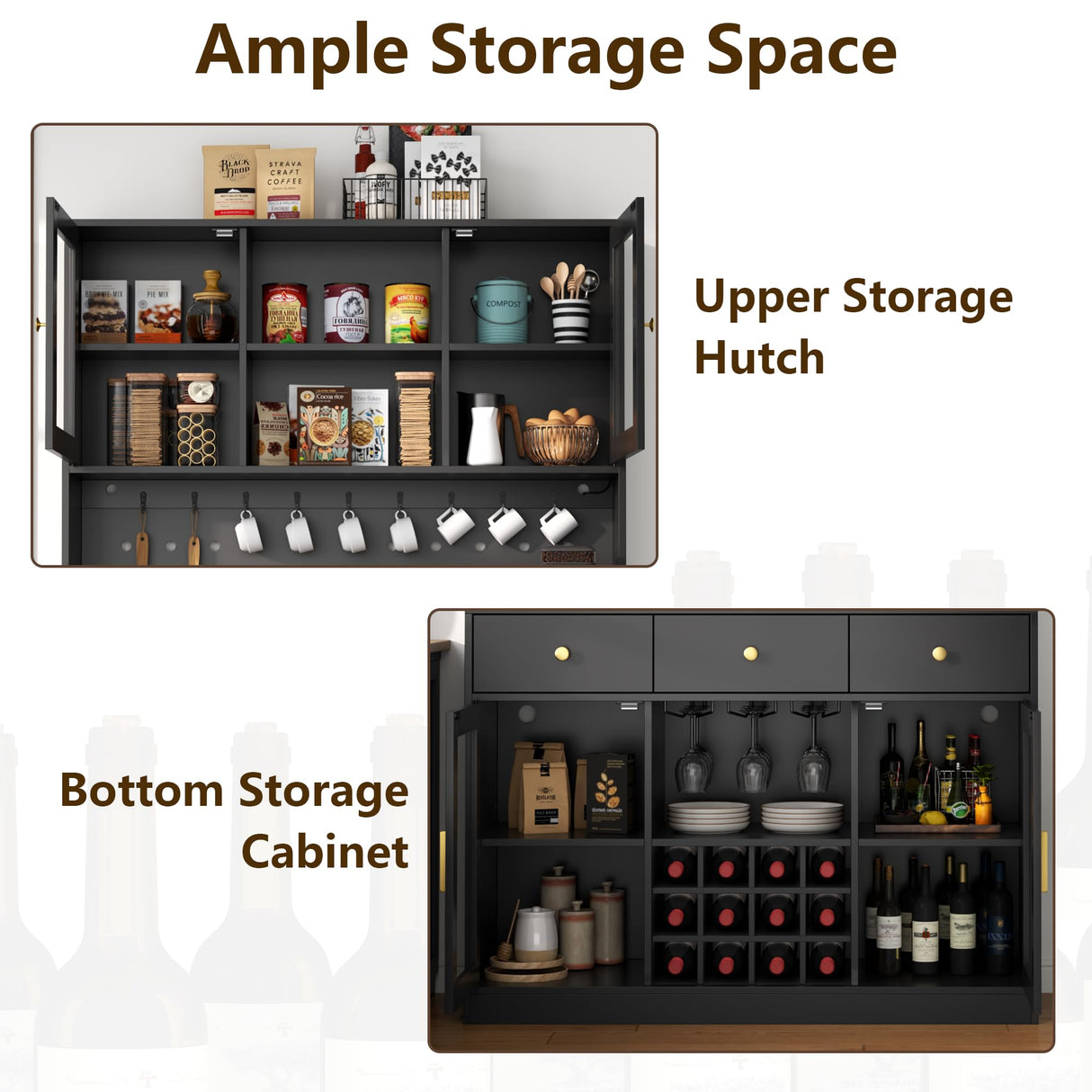 72" Tall Wine Bar Cabinet with Storage Hutch & Pegboard, Coffee Bar Cabinet with LED Lights, Modern Liquor Cabinets with 9-grid Wine & Glass Racks, Pantry Cabinet for Kitchen, Living Room (Black) Auromie