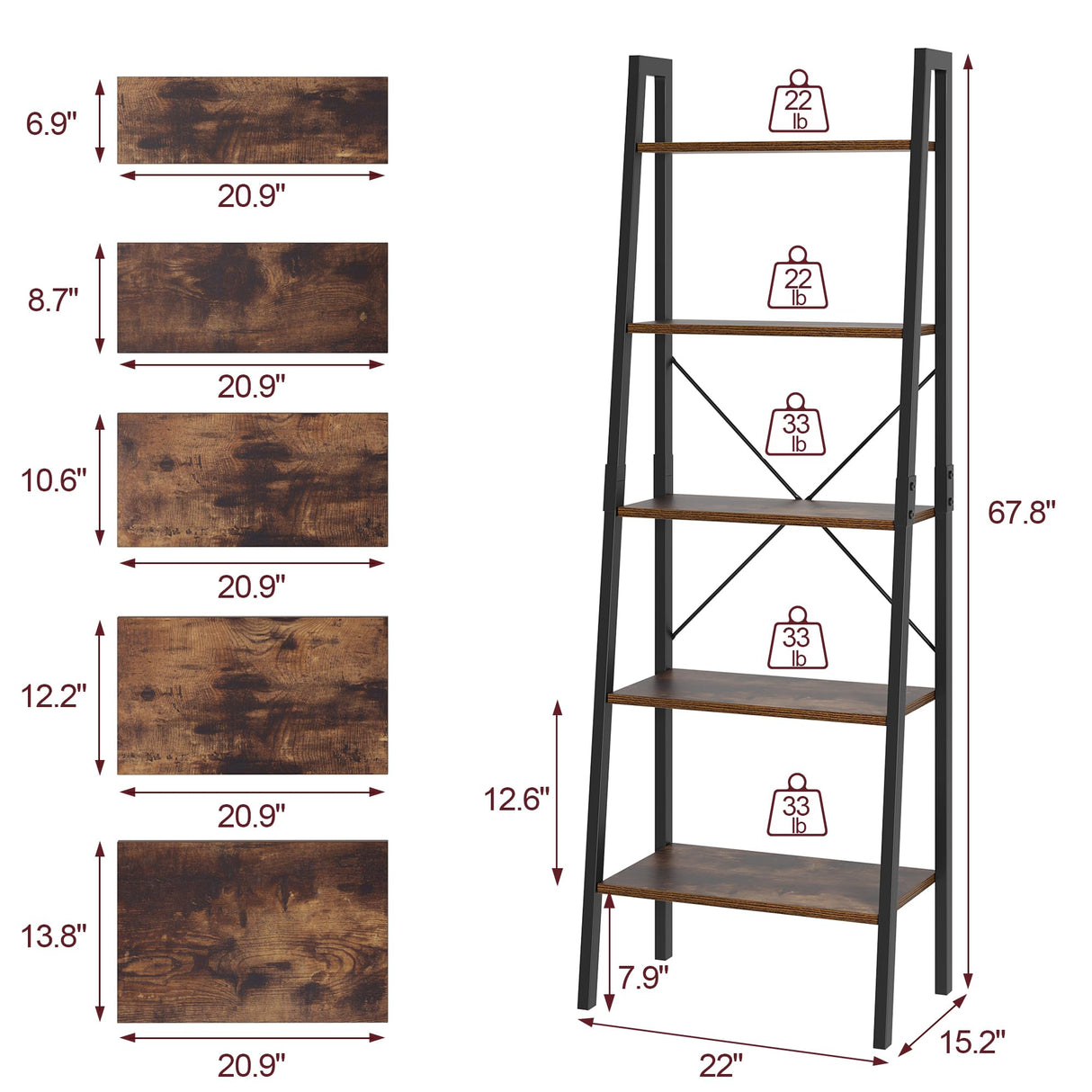 FINETONES 5-Tier Ladder Shelf, Ladder Bookshelf Bookcase with Metal Frame, Plant Rack Display Shelf Accent Furniture for Home Office, Black/Rustic Brown FINETONES