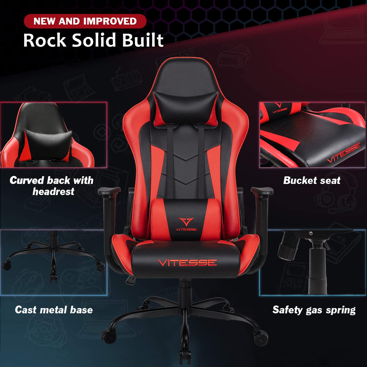 VITESSE Ergonomic Red Gaming Chair for Adults, 330 lbs PC Computer Chair, Racing Office Chair, Silla Gamer Height Adjustable Swivel Chair with Lumbar Support and Headrest… VITESSE