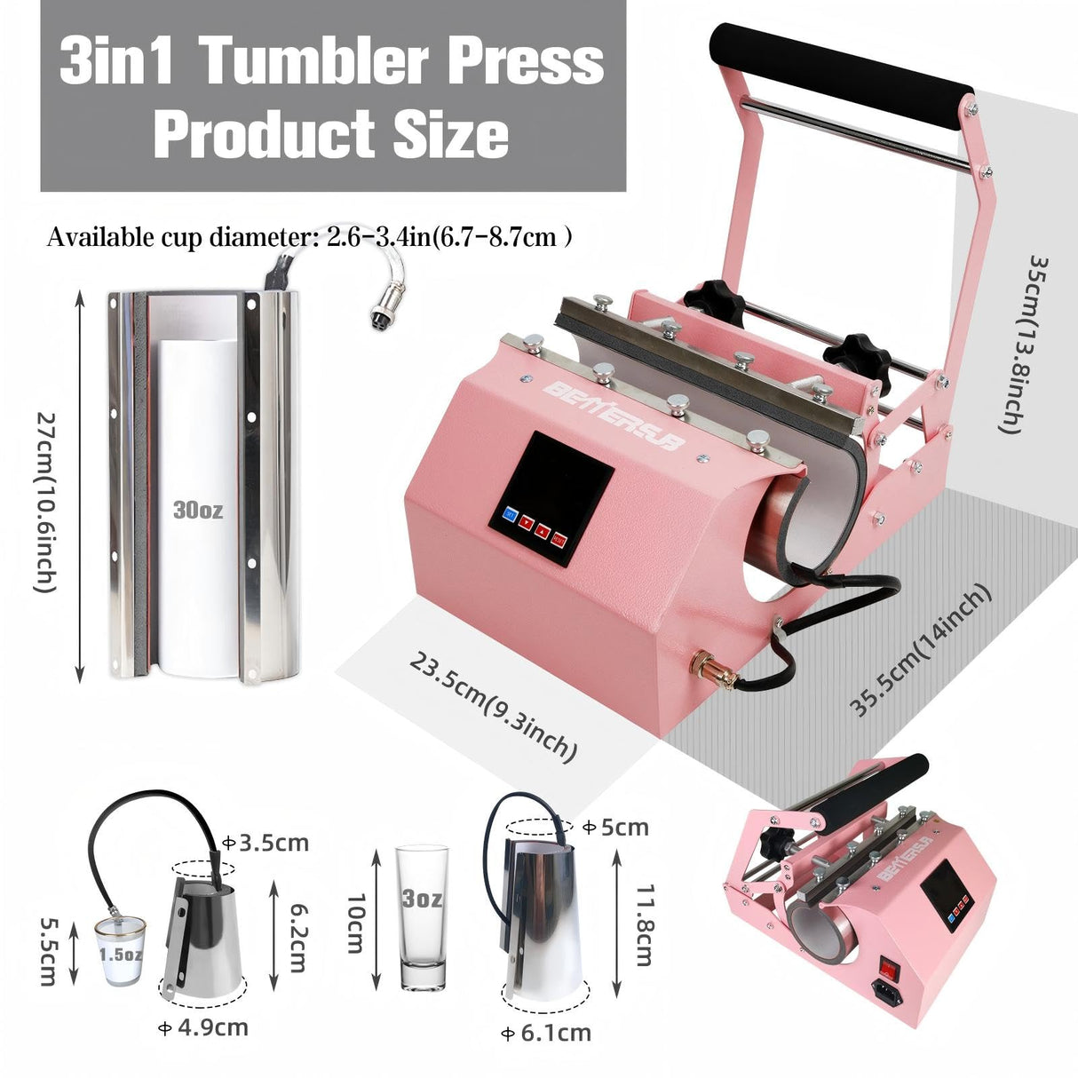 BetterSub 3in1 Tumbler Mug Heat Press Machine 30 OZ 20 OZ 16 OZ Sublimation Straight Skinny Tumbler Mug 3 OZ 1.5 OZ Shot Glass,11 OZ 15 OZ 16 OZ Sublimation Mug Heat Transfer Pink BetterSub