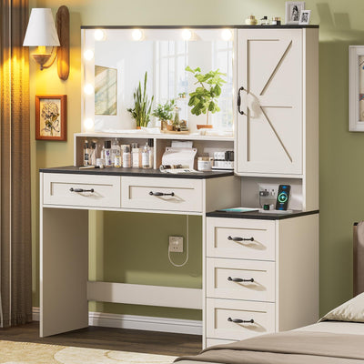 Farmhouse Vanity Desk with Mirror and 10 Led Lights, 45.3 " Large Makeup Vanity Table with Power Outlet, 5 Drawers and 1 cabinet, Vanity Set Dressing Table with 9 Hooks for Women Girls (White+Black)