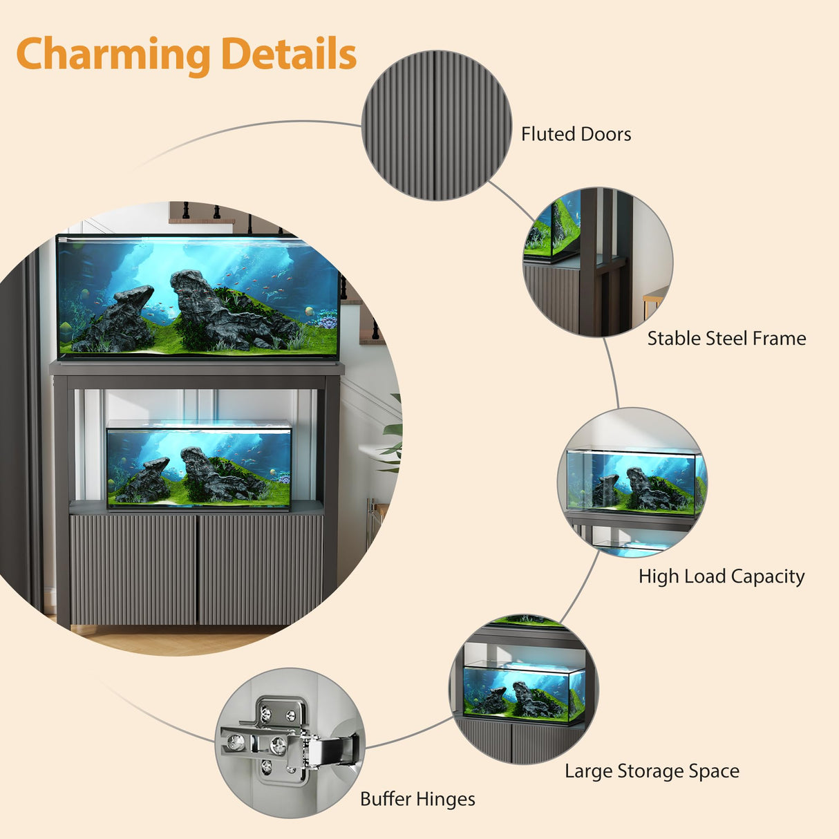 BEWISHOME 40-50 Gallon Fish Tank Stand, Heavy Duty Aquarium Stand with Thickened Metal Frame, Fish Tank Stand with Cabinet for Storage, 36.2" L* 17.7" W Tabletop 1000LBS Capacity Grey KYG03H BEWISHOME