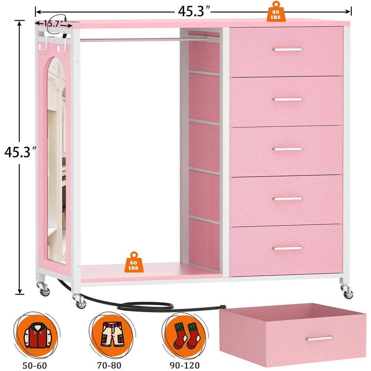 Cyclysio Dresser for Bedroom with Clothes Rack & Mirror, Pink 5 Drawers Dresser with Charging Station & LED Lights, Rolling Chest of Drawers with Wheels, Full Length Mirror, Wooden Top,Bedroom,Closet Cyclysio