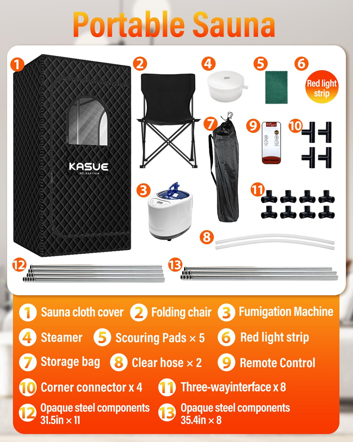 KASUE Upgraded Infrared Sauna Box for Relaxation,Detoxification,Portable Steam Sauna for Home with XL Steamer,Folding Chair,Multiple Layered Full Body Sauna Tent for Spa,Indoor,Outdoor,Gym-Black KASUE