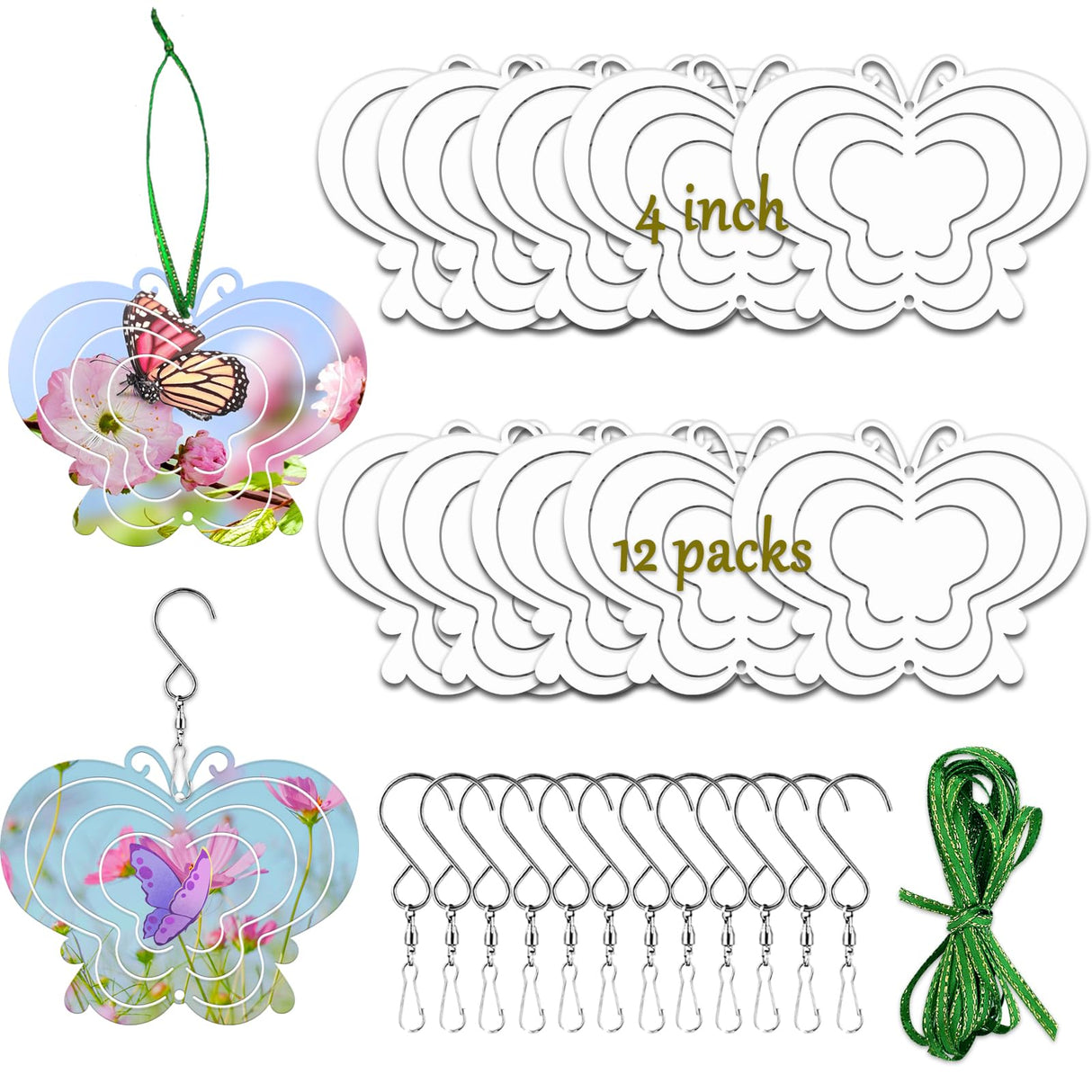 WindMage 12 Pack 4inch Sublimation Wind Spinner Blanks 3D Aluminum Metal Wind Sculpture Kinetic Spinners for Yard Garden Indoor Art Ornaments Xmas Hanging Decoration (Butterfly) WindMage