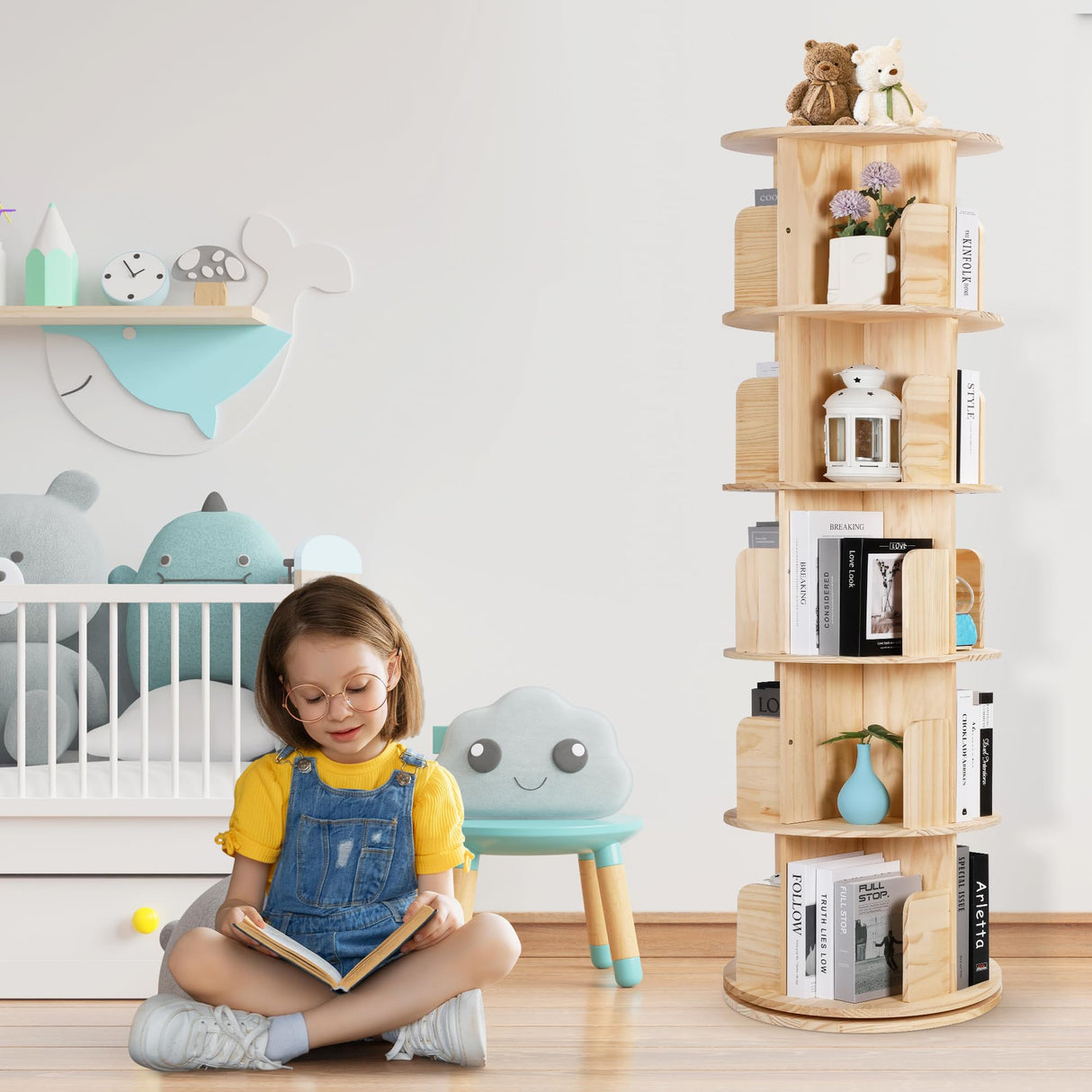 Rengue Rotating Bookshelf Tower, 5 Tiers Floor Standing Bookcase Storage Rack, 360 Display Round Spinning Bookshelf with Detachable Feet for Small Space, Bedroom, Living Room, Office Rengue