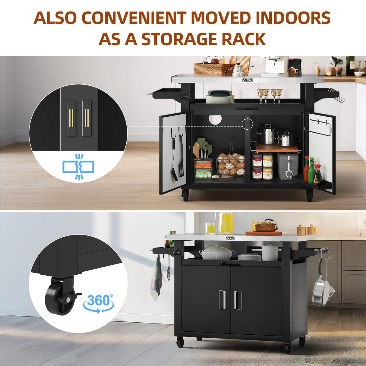 NUUK Outdoor Grill Cart with Storage Cabinet Metal Kitchen Island Prep Table with Movable Universal Wheels and Stainless Steel Top for Outside BBQ Backyard Include Hooks Spice Rack NUUK