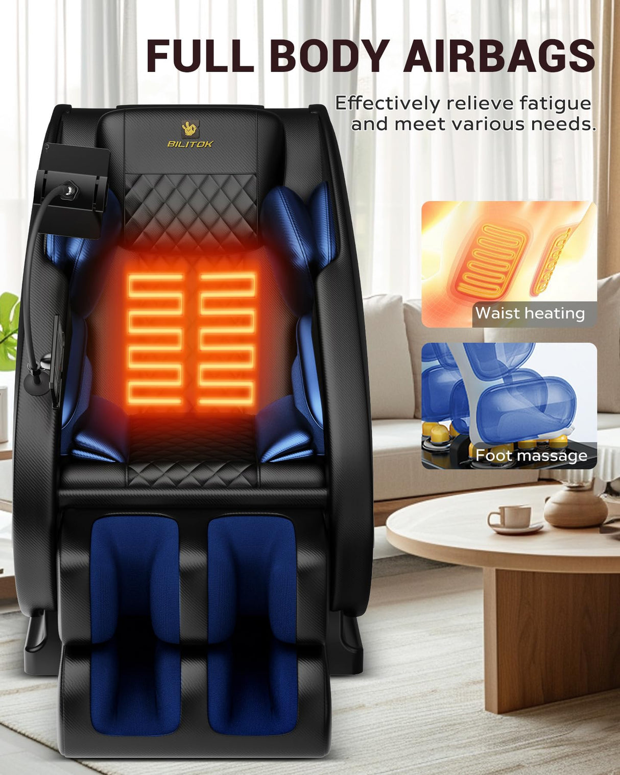 Zero Gravity Full Body Massage Chair Recliner with Heat Therapy, Bluetooth Speaker, Air Compression Massage, Foot Roller, Touch Screen, Space-Saving Design, Faux Leather (Black) BILITOK