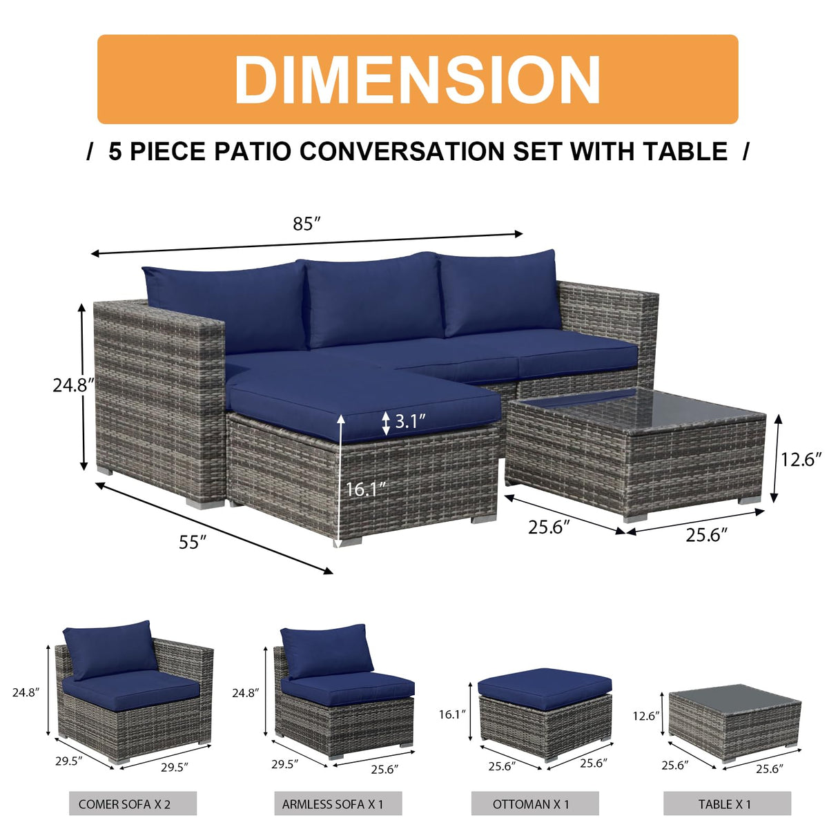 Super Patio Outdoor Patio Furniture Set, 5 Piece PE Wicker Outdoor Sectional Sofa Set, Rattan Patio Conversation Set with Cushions and Coffee Table for Garden, Backyard, Porch, Navy Blue Super Patio