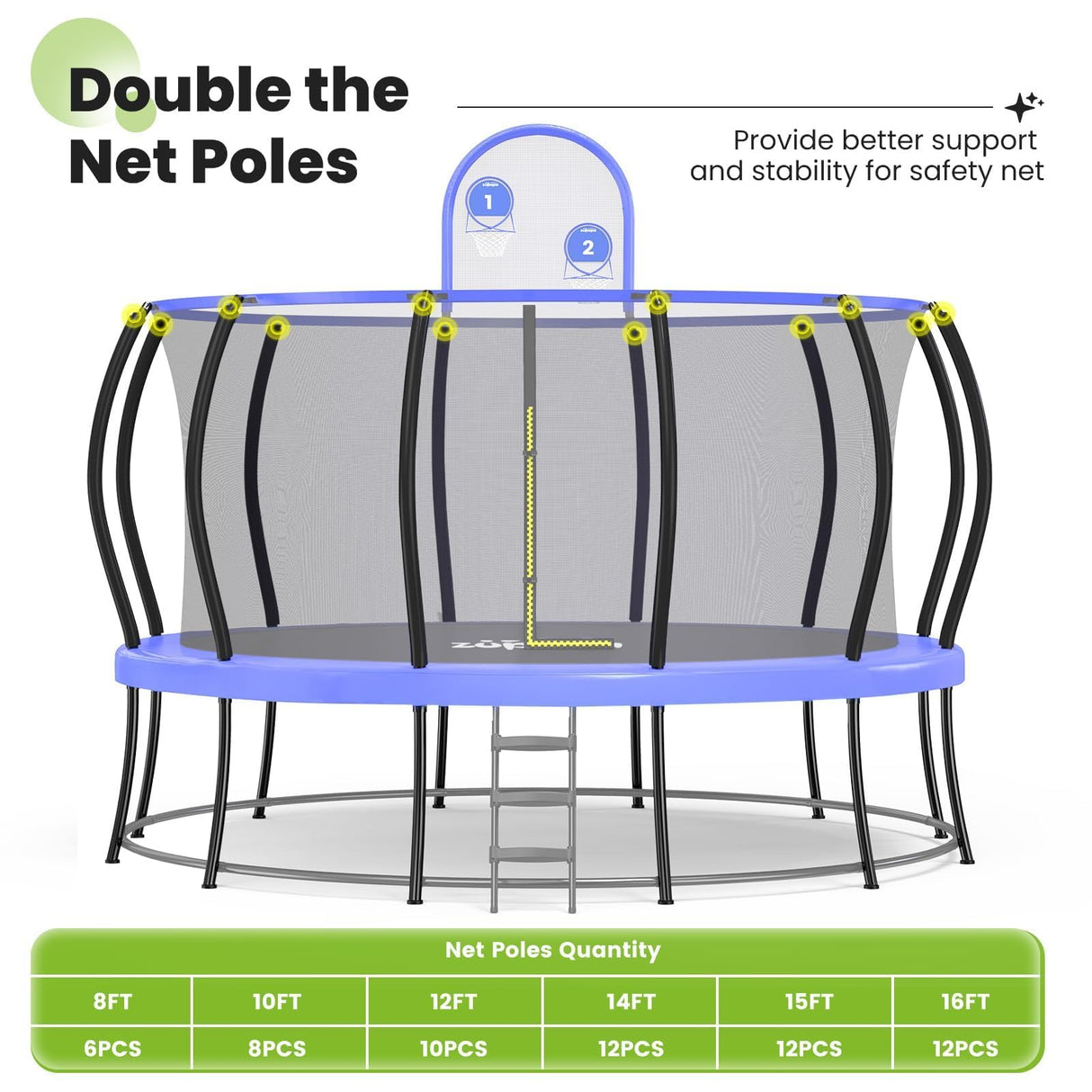 Zupapa 1800LBS Weight Capacity 2025 Double Frames Trampoline with No-Gap Design Curved Poles 16 15 14 12FT Trampolines for Kids with Enclosure Net Outdoor Trampolin for Children Adults Family Zupapa