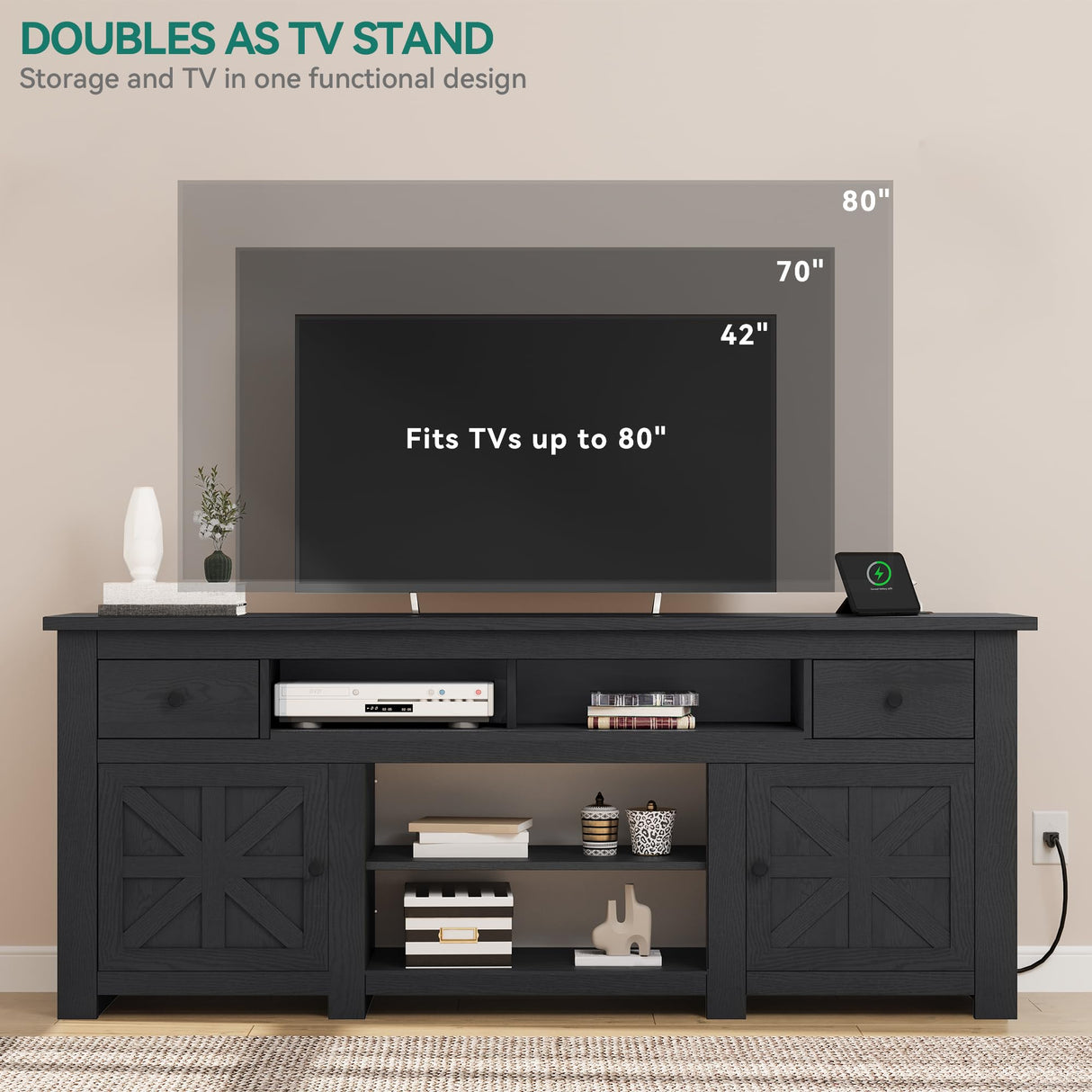 YITAHOME TV Stand for 75/80 Inch TV, Entertainment Center, TV Cabinet with Drawers and Power Outlet, Black TV Console for Living Room Furniture (70 Inch Lenght 30 Inch High) YITAHOME