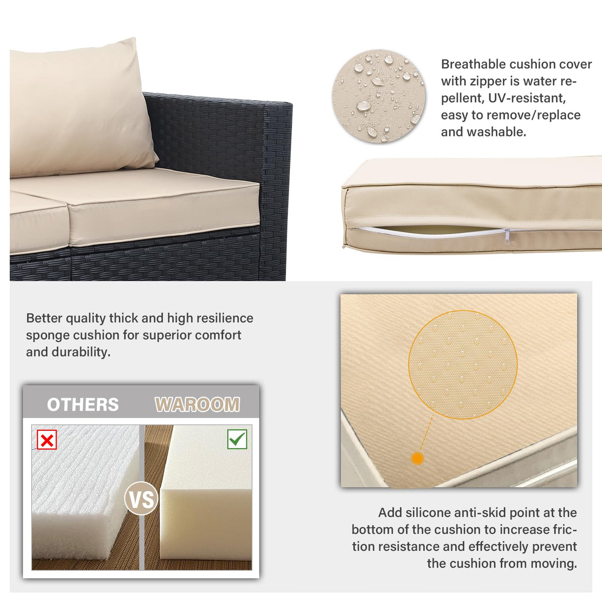 WAROOM Outdoor PE Wicker Patio Furniture Set 4 Piece Black Rattan Sectional Sofa Conversation Couch Sets with Storage Box Glass Top Table and Anti-Slip Khaki Cushion WAROOM