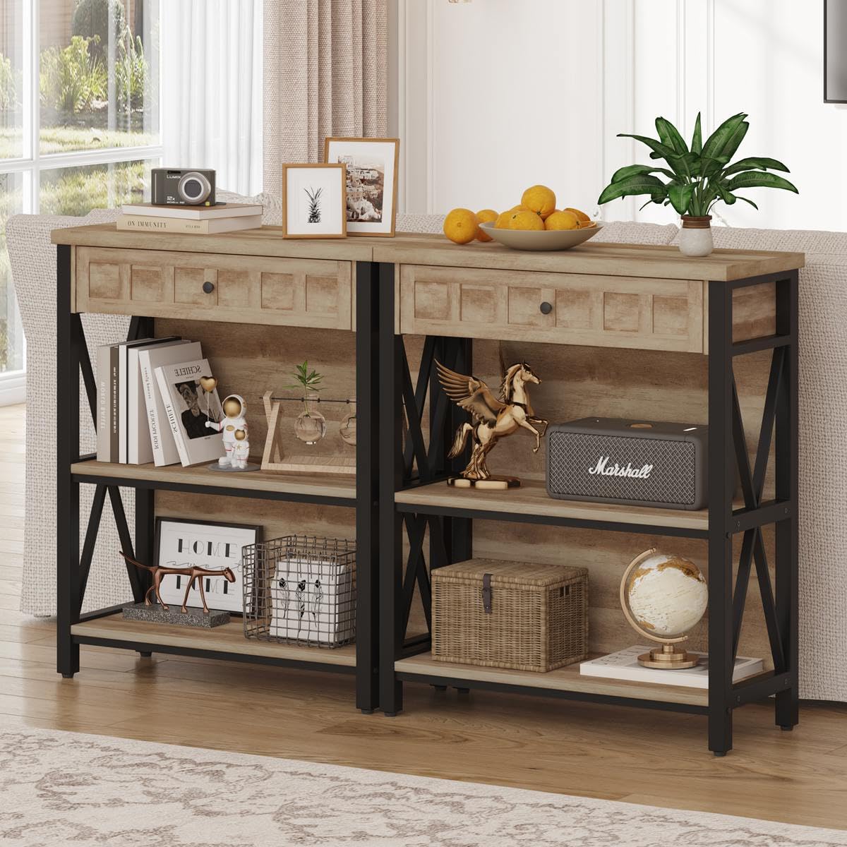 FATORRI Rustic Bookshelf with Drawer, Industrial Wood and Metal Bookcase, Small Short Book Shelf and Low Book case for Small Space (Rustic Oak) FATORRI