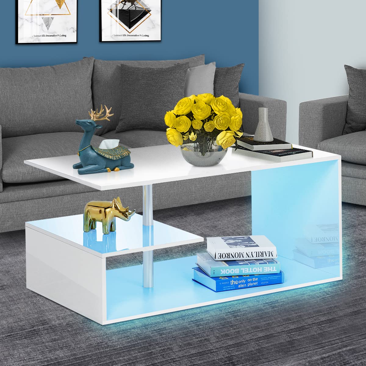 HOMMPA LED Coffee Tables for Living Room Modern White Coffee Table with S-Shaped 3 Tiers Open Storage Shelf High Gloss Center Sofa Tea Table with LED Lights for Home Office Furniture White 18" Tall HOMMPA