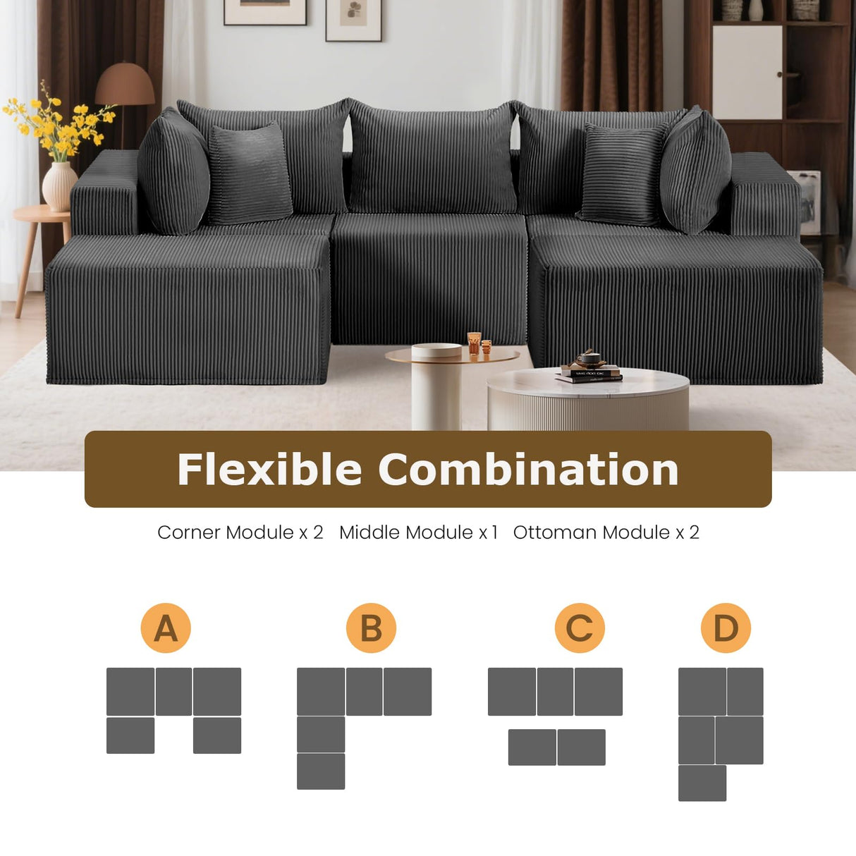 104" Cloud Couch Sectional, U Shaped Boneless Couches for Living Room, Corduroy Modern Modular Sectional Sofa, No Assembly Required (Grey, U-Shaped) cidludto