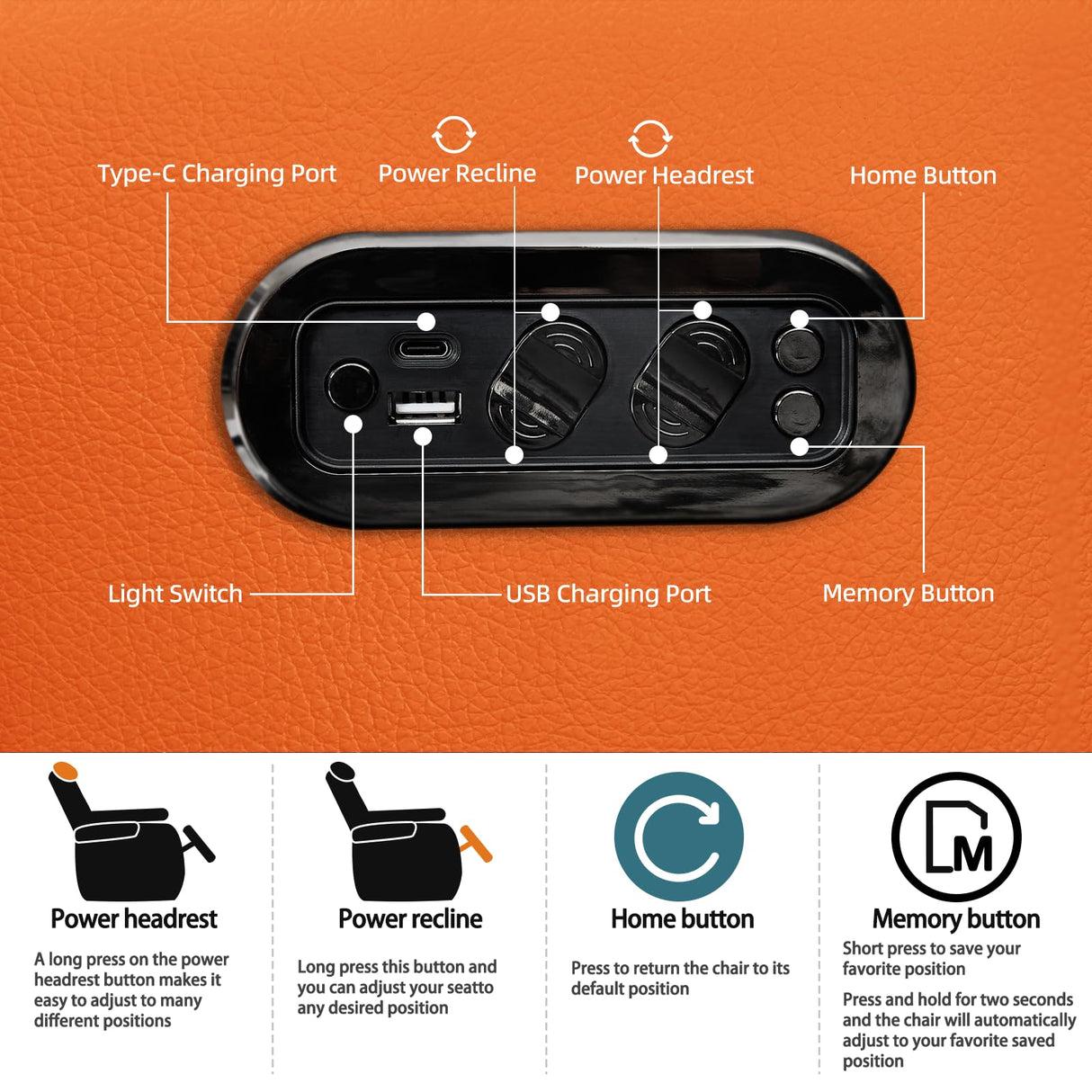 comfiroom Leather Home Theater Seating Seats, Simple Style Top Grain Leather Movie Theater Chairs Recliner Sofa with Tray Table Type-C USB Charger (Orange, Row of 2 Loveseat) comfiroom