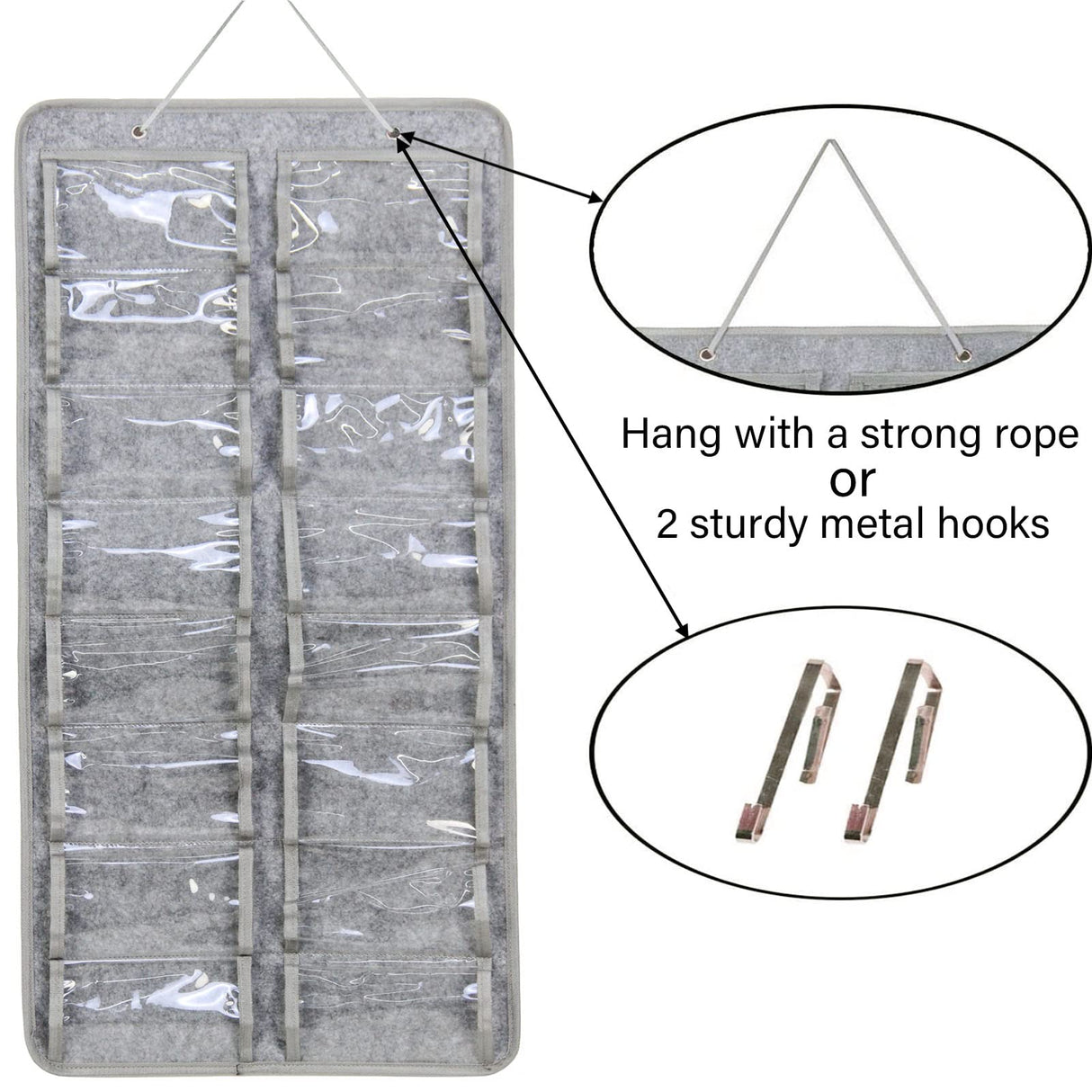 Casaphoria Sunglasses Organizer Storage, Hanging Dust Proof Wall Pocket Glasses Organizer - 16 Felt Slots Sunglass Organizer Holder with Metal Hook and Sturdy Rope, X-Large, Gray, Dust Proof Casaphoria