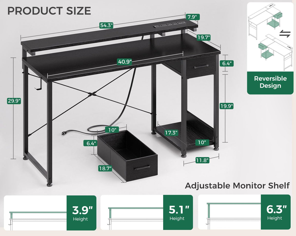 AODK Gaming Desk with LED Lights & Power Outlet, 55 Inch Computer Desk with Drawer, Reversible Desk with Adjustable Monitor Shelf & Headphone Hook for Home Office, Black AODK