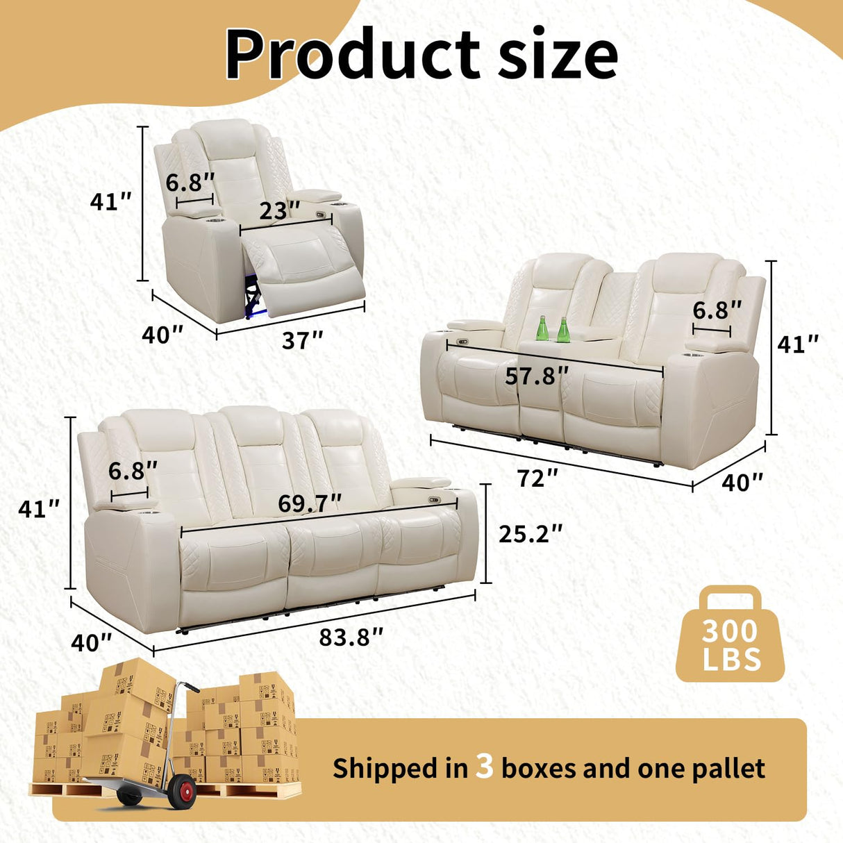 Caberryne Power Recliner Sofa Set with LED Lights,Leather Reclining Couch and Loveseat Set with USB Port/Coffee Table/Cup Holder,Living Room Set with 4 Recliner Seats for House(2 Piece Set,Creamy) Caberryne