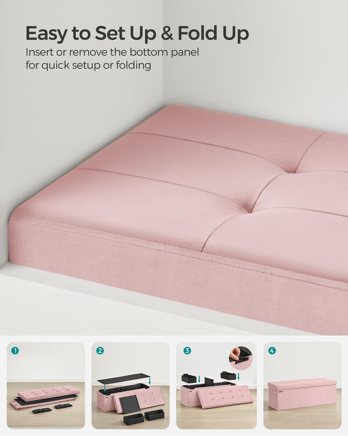 SONGMICS Storage Ottoman Bench, Foldable Ottoman Foot Rest, 15 x 43 x 15 Inches, End of Bed Bench, Storage Chest, Load up to 660 lb, for Living Room, Bedroom, Entryway, Jelly Pink ULSF277R01 SONGMICS