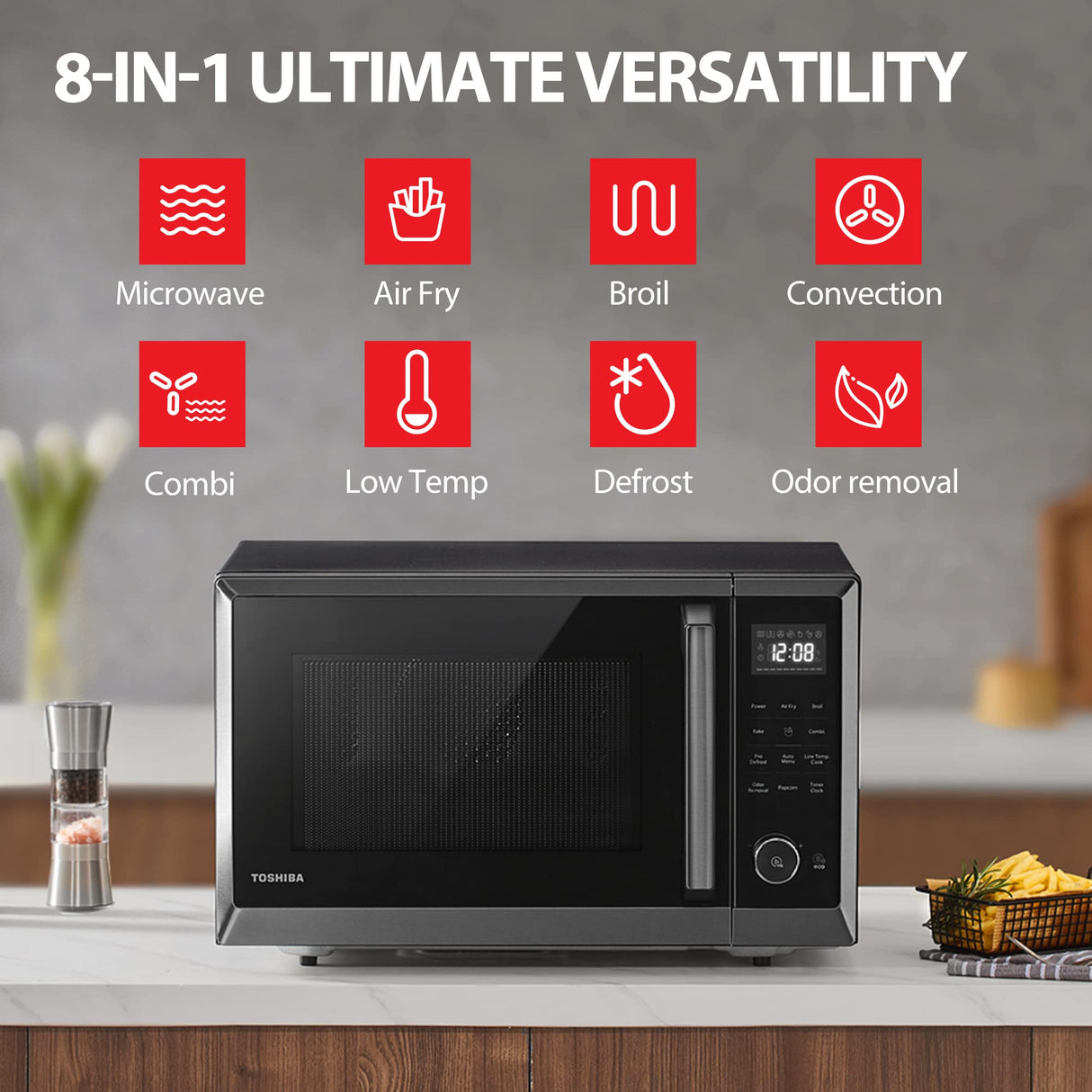 TOSHIBA Air Fryer Combo 8-in-1 Countertop Microwave Oven, with Convection, Broil, Odor Removal Mode, 12.4" Position Memory Turntable, Child-Lock, 1.0 Cu.ft, Black Stainless Steel, ML2-EC10SA(BS) TOSHIBA