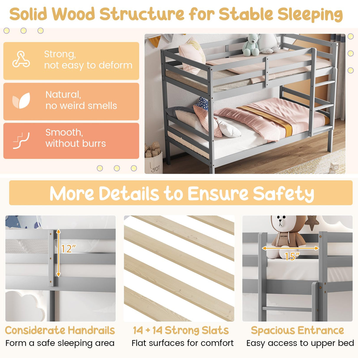 Giantex Twin Over Twin Solid Wood Bunk Bed with Safety Guard Rails and Ladder in Grey Giantex