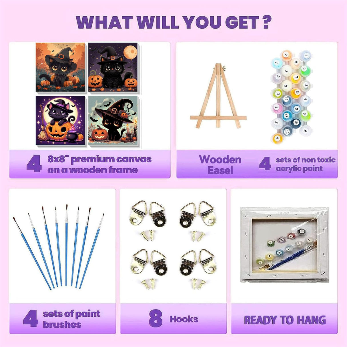 cviokrdu 4 Pack Paint by Numbers Kit for Kids with Frame-Wooden Easel, Halloween Paint by Numbers for Kids Ages 4 8 12, Easy Black Cat Acrylic Oil Painting Kits for Home Wall Decoration 8x8 inch cviokrdu