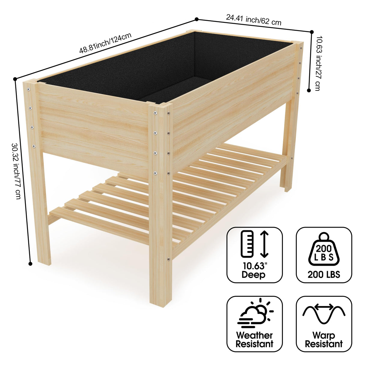 Highpro Wooden Raised Garden Bed with Legs, 48x24x30in Elevated Planter Box Stand Outdoor with Large Storage Shelf and Bed Liner for Backyard, Patio, Natural Cedar Wood Highpro