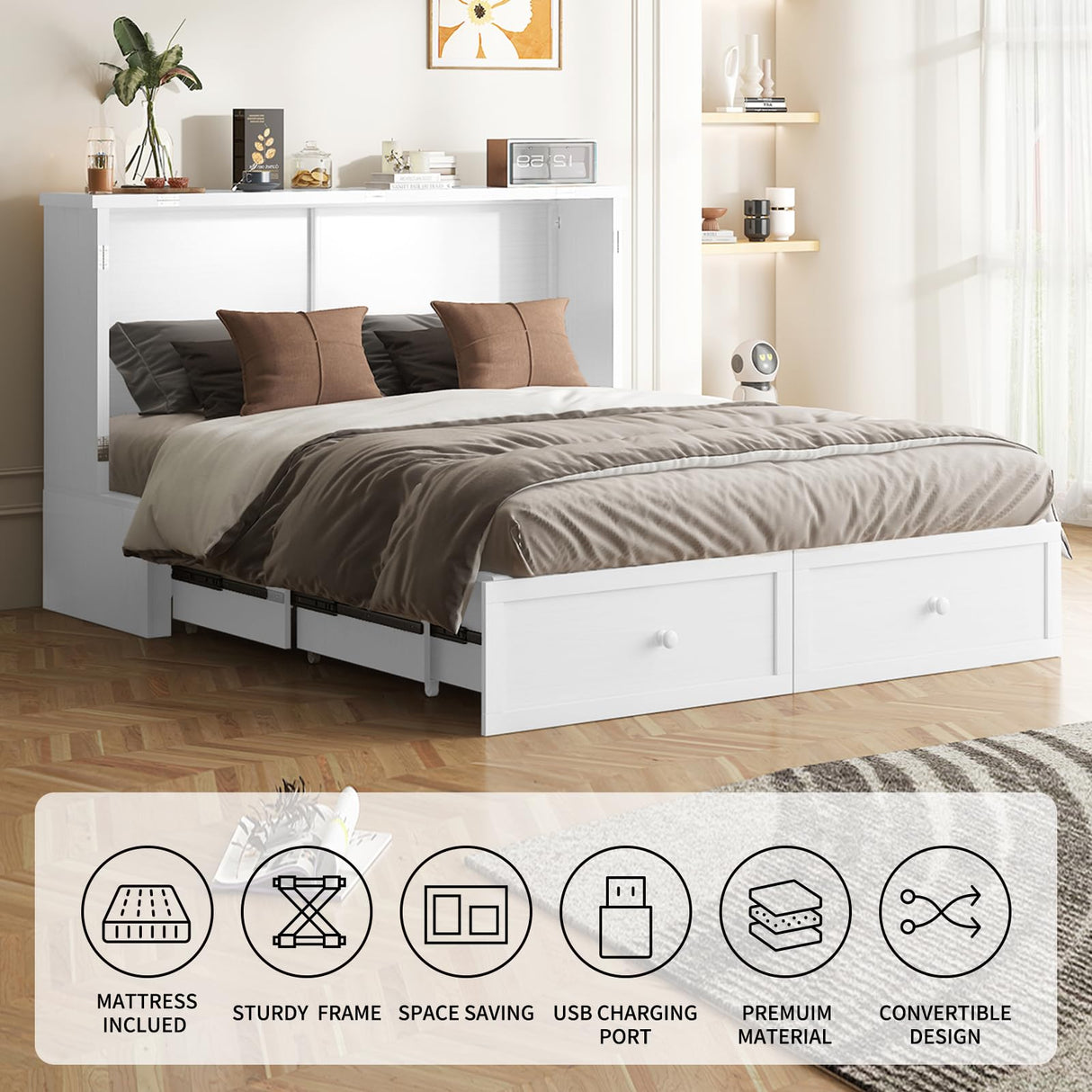 BALUS Queen Murphy Bed, Chest Murphy Beds with USB Chariging Station & Storage Drawer, Wooden Cabinet Beds with Tri Fold Mattress, Queen Hidden Bed for Living Room/Bedroom -White BALUS