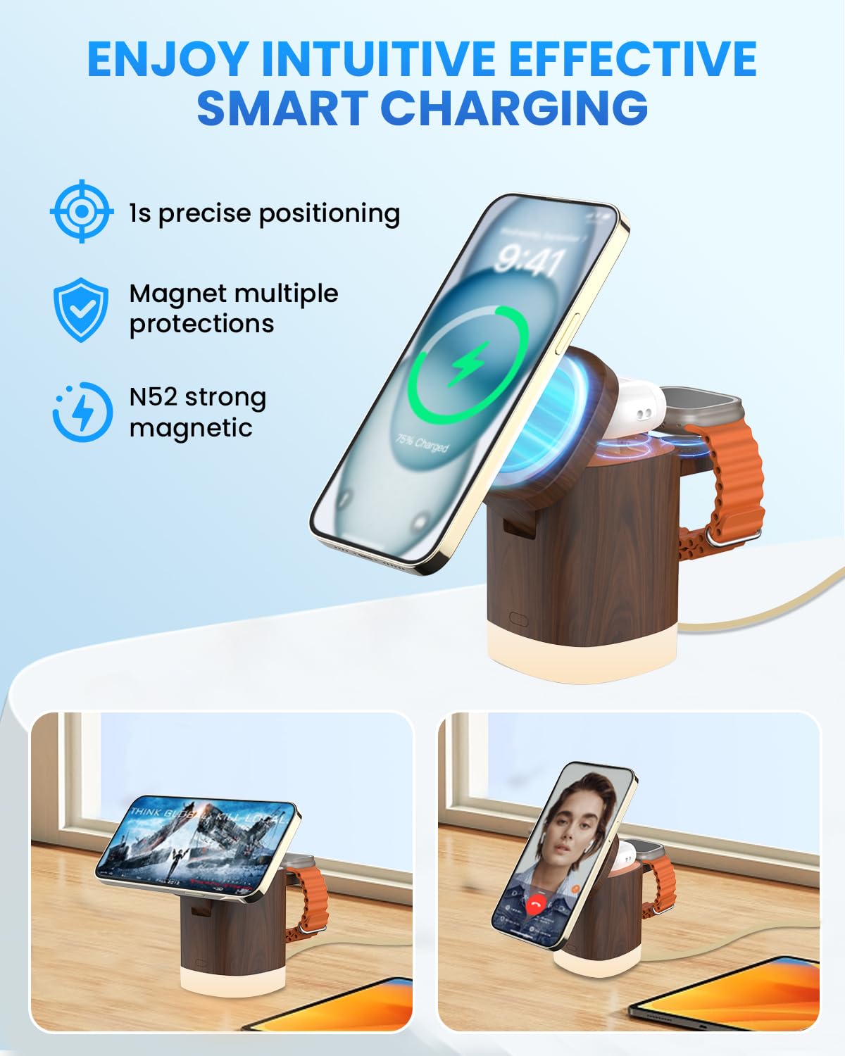 JoyGeek 3-in-1 Charger Stand for Magsafe: Foldable Wireless Charging Station with Night Lights - Magnetic Charger Dock for iPhone 15/14/13/12 Pro/Max/Plus, AirPods, Apple Watch 2-9/Ultra (Burly Wood) JoyGeek