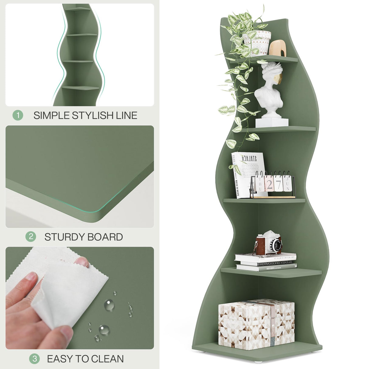 Tribesigns Corner Shelf, Modern 5-Tier Wall Corner Bookshelf, Stylish Corner Small Bookcase Storage Rack Plant Stand with Unique Shape for Living Room, Home Office (Sage Green, 1PC) Tribesigns