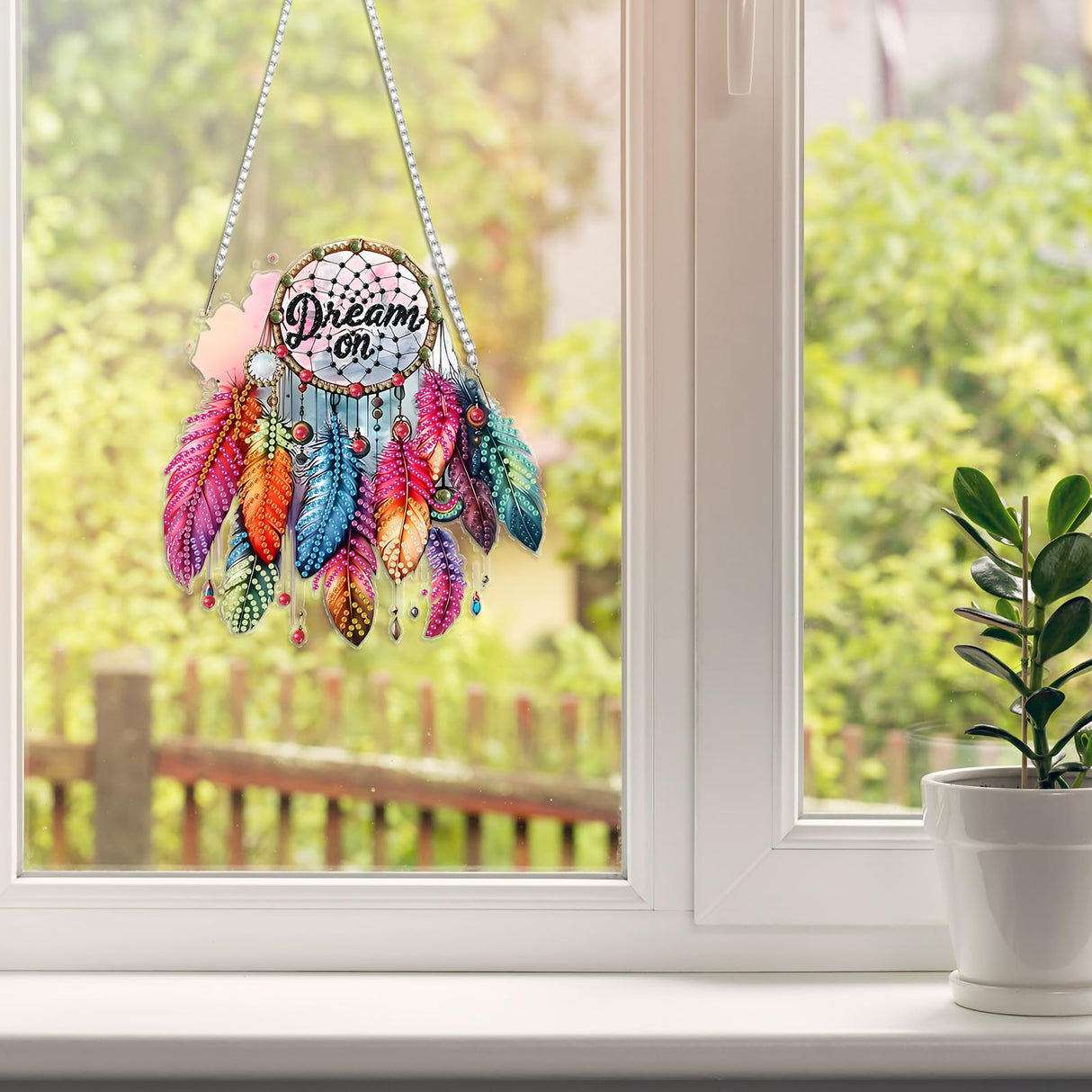 Qukle Dream Catcher Diamond Painting Kits Hanging Pendant, Special Shaped Crystal DIY Feather Diamond Art Hanging Sign Double-Sided Pattern Gem Painting Window Door Ornament, Box Package Qukle