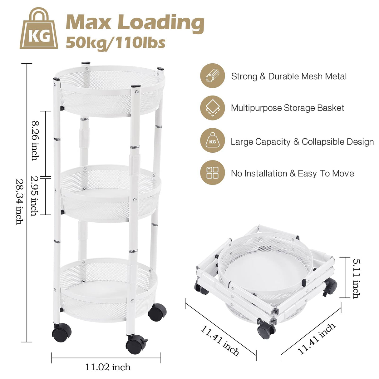 TOOLF 3-Tier Metal Storage Rolling Cart, Collapsible Utility Cart, No Assemble, Multifunction Serving Organizer Trolley with Lockable Wheels for Kitchen, Living Room, Bathroom,White TOOLF