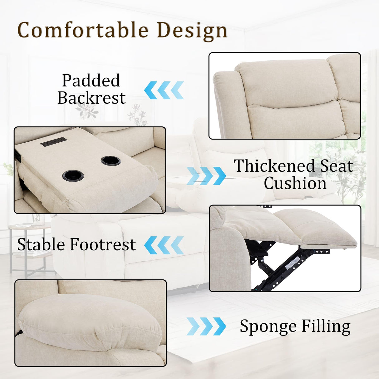 Korser Recliner Sofa, Recliner Loveseat with Console, Oversized Recling Couch with Pull-Down Table, 3-Seater Sofa with Cup Holders and Recessed Power Strip, Beige Korser