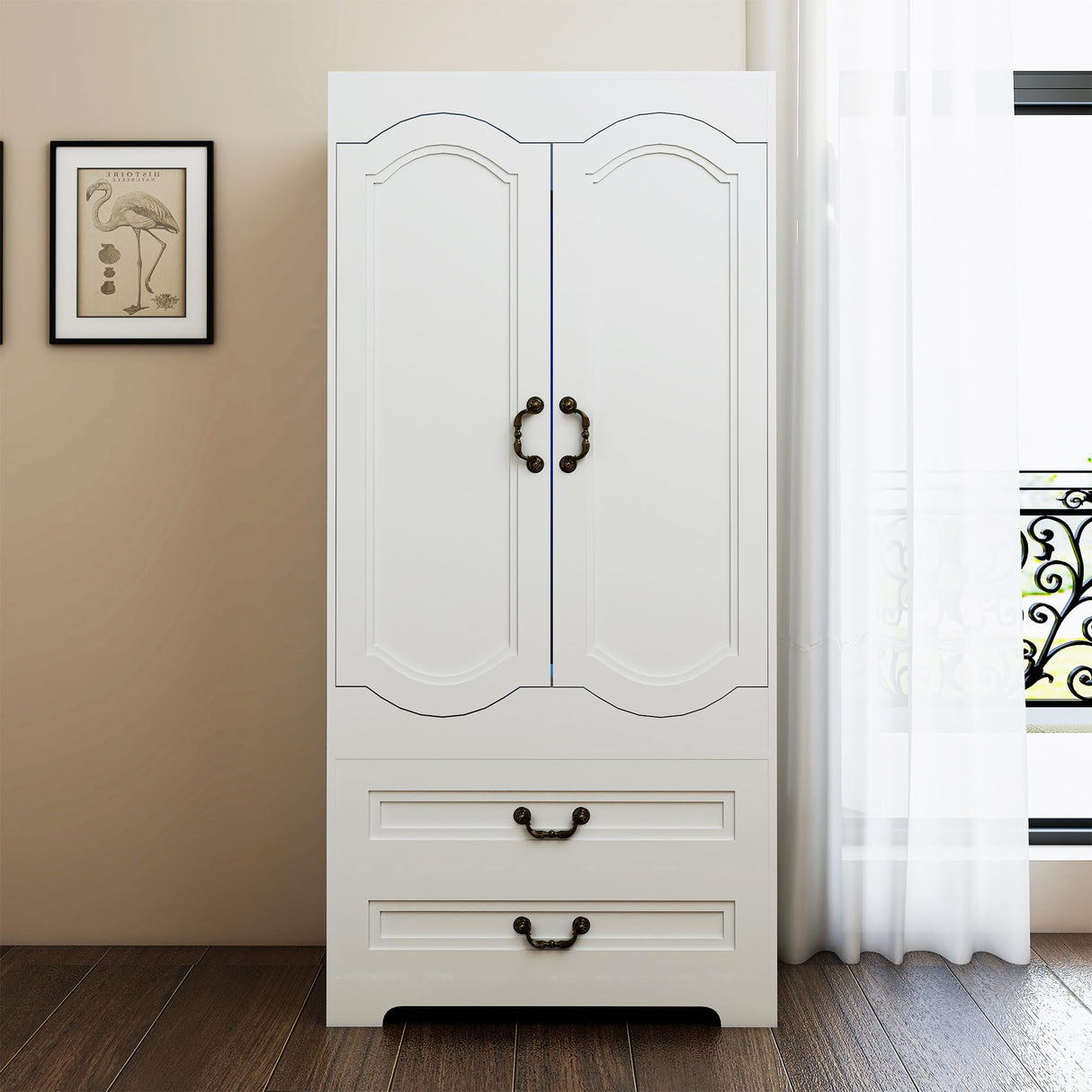 Janmer Home Armoire Wardrobe Closet with 2 Drawers, Tall Wooden Wardrobe Closet with 2 Doors and Hanging Rail, Free Standing White Armoire for Bedroom (Retro, White) Janmer Home