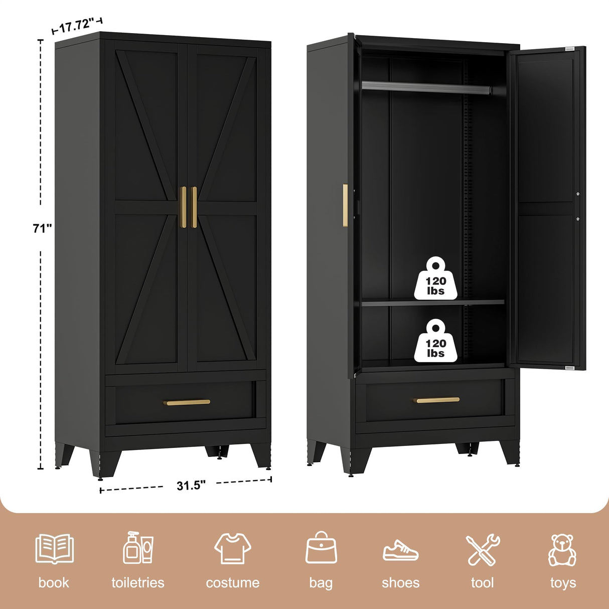 LCAOPC 71" Tall Metal Wardrobe Cabinet with Drawer and Hanging Rod, 2 Doors Armoire Wardrobe Closet with Shelf for Bedroom, Office, Laundry Room, Black LCAOPC