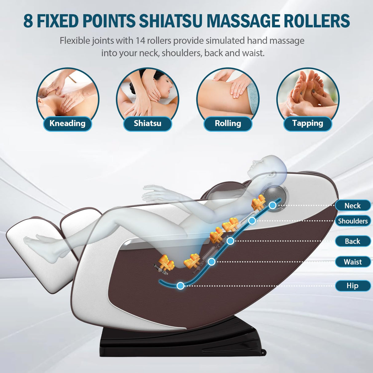 AVSAMOQ Massage Chair Full Body, Zero Gravity Massage Chair Recliner with Air Pressure, 8 Fixed Massage Rollers, Heating, Foot Roller, Bluetooth Speaker, for Home Office Men Women (Brown) AVSAMOQ