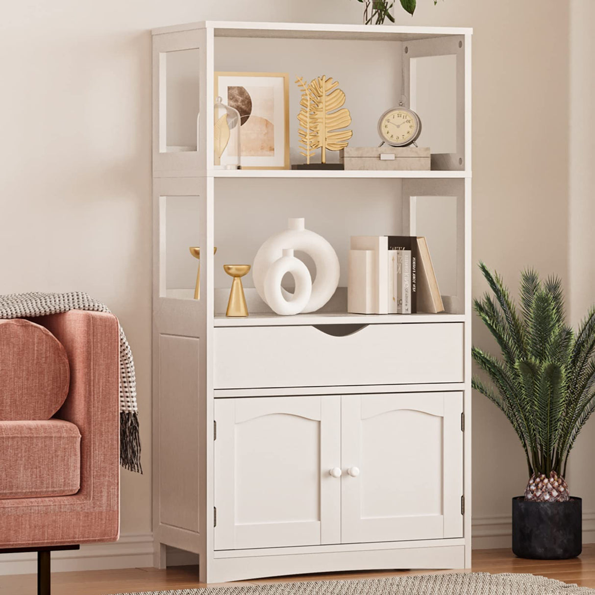 DICTAC Kitchen Pantry Storage Cabinets with Shelves,Drawer and Doors,Microwave Cart with Storage,Freestanding Floor Sideboard Cabinet with Microwave Space,Bookshelf,Display Unit for Home,White DICTAC