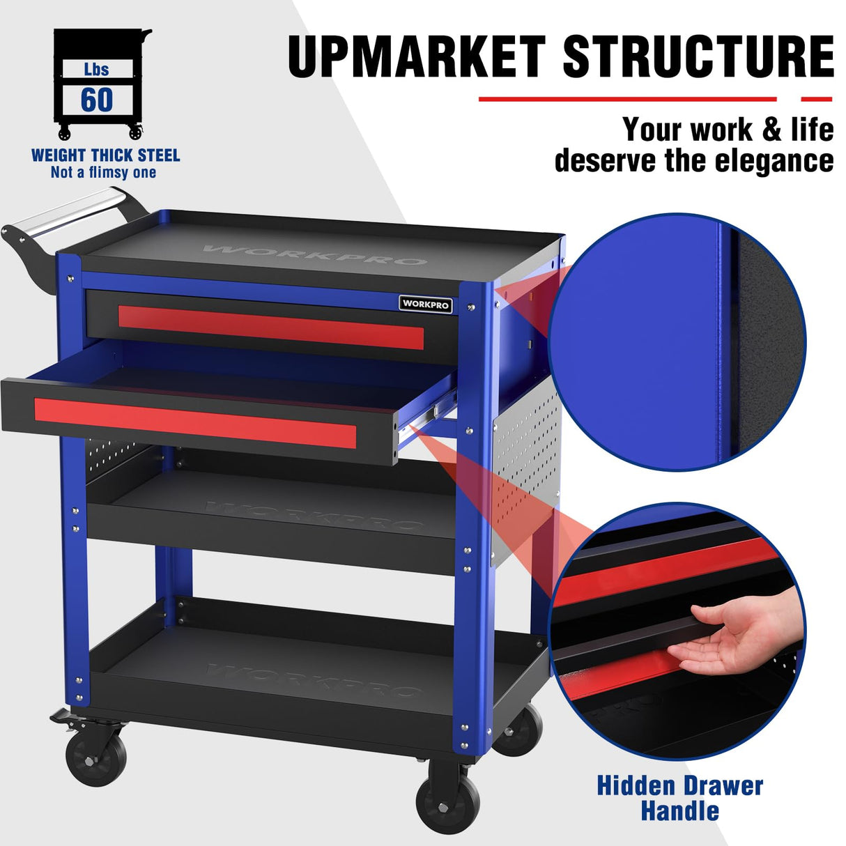 WORKPRO Premium 28" 2-Drawer Rolling Tool Cart, Heavy Duty Utility Industrial Service Cart Storage Organizer with Wheels and Locking System, for Mechanic, Warehouse, Garage, Workshop, 400 lbs Load WORKPRO