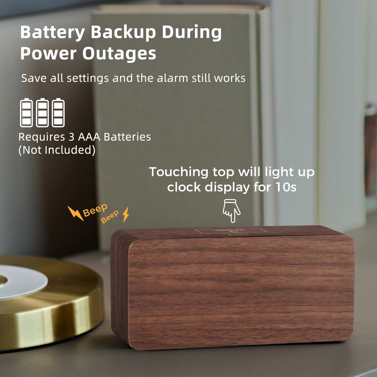 uscce Wooden Digital Alarm Clocks for Bedrooms: Dimmable Dual Alarm Clock with Large Numbers for Bedside Desk - Brown uscce
