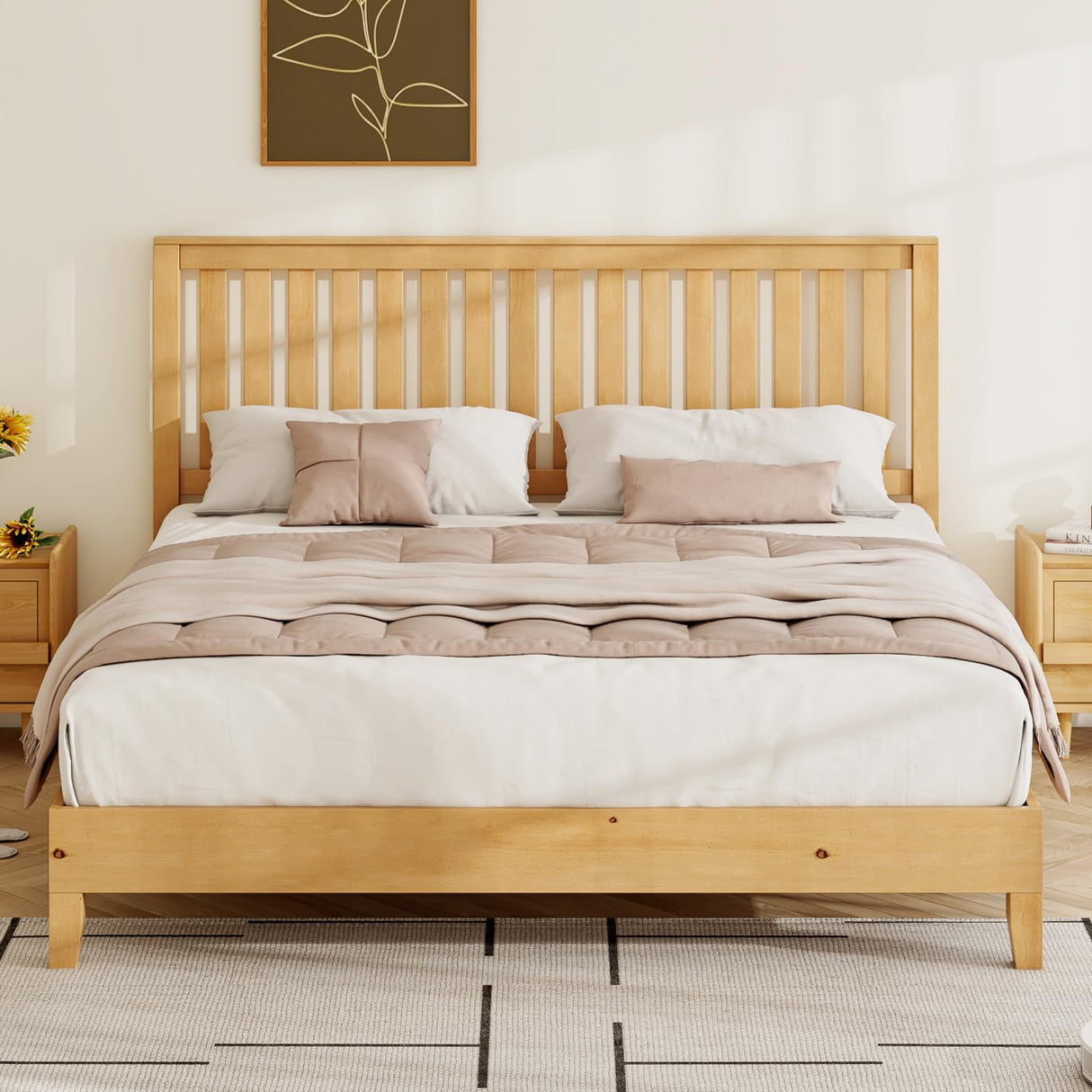 LUXOAK Rustic Pine Full Size Solid Wood Platform Bed Frame with Elegant Slat Headboard LUXOAK