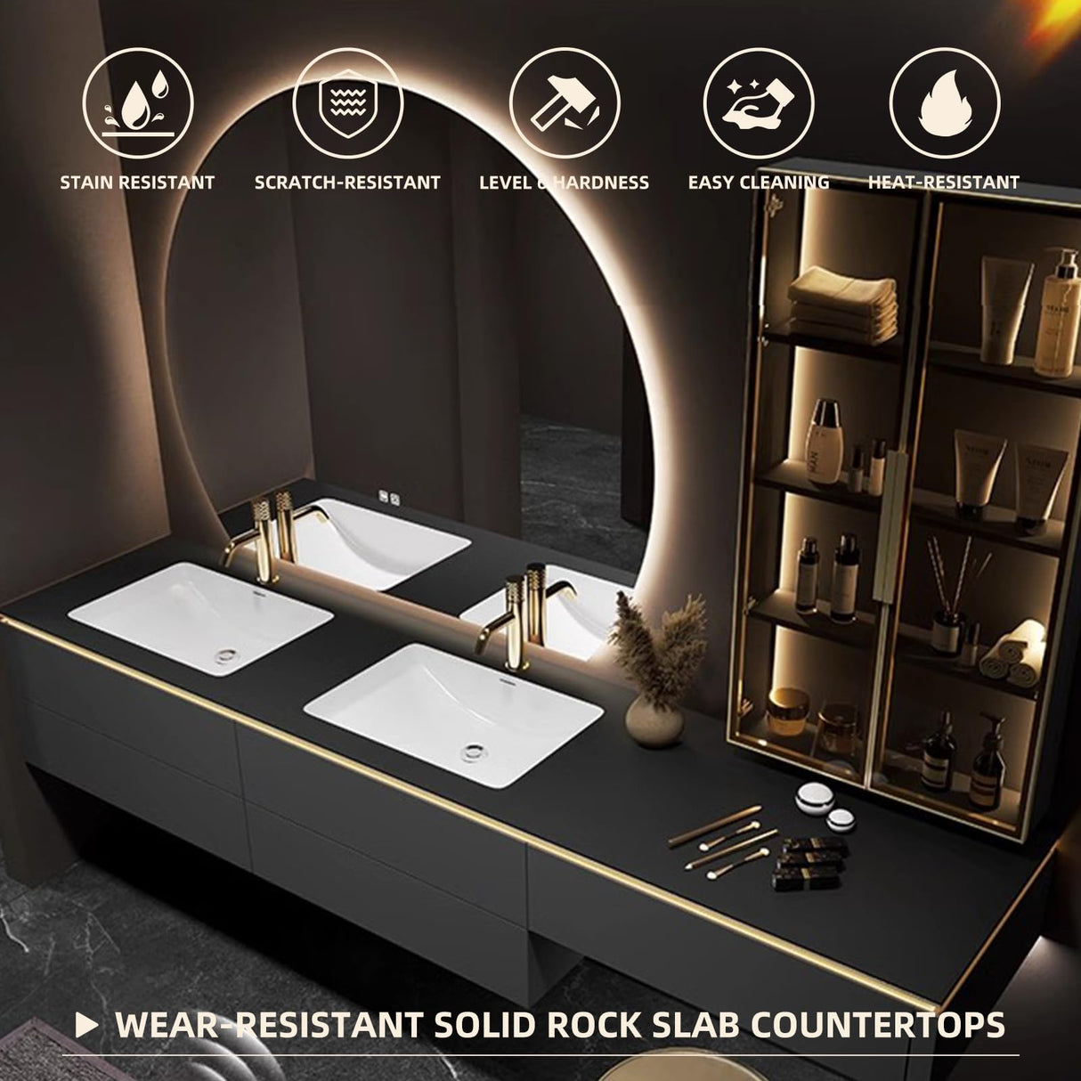 72IN Bathroom Vanities, Modern Bathroom Cabinet with Double Sink, Floating Bathroom Vanity Set with Round Light Mirror & Glass Side Cabinet, Solid Wood Vanity with Extended Makeup Table (White) LUTHXAY