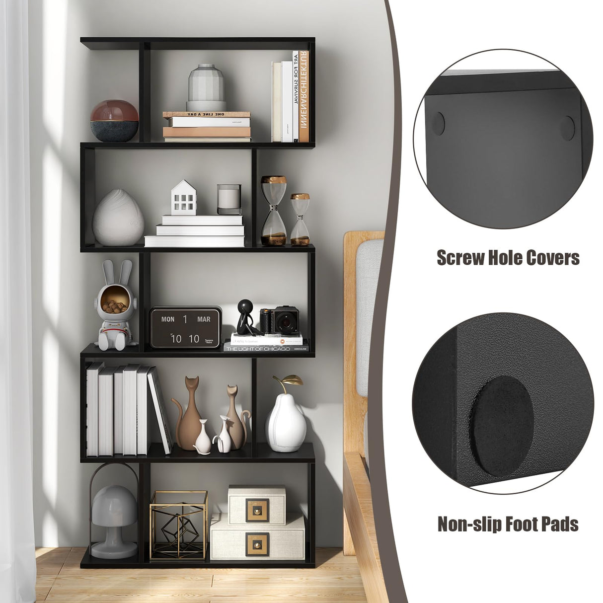 Giantex 5-Tier Geometric Bookshelf Set of 2 Black, 62.5" Tall Wood S-Shaped Bookcase with Anti-Tipping Device, Floor Standing Display Shelf for Bedroom, Living Room, Study Giantex