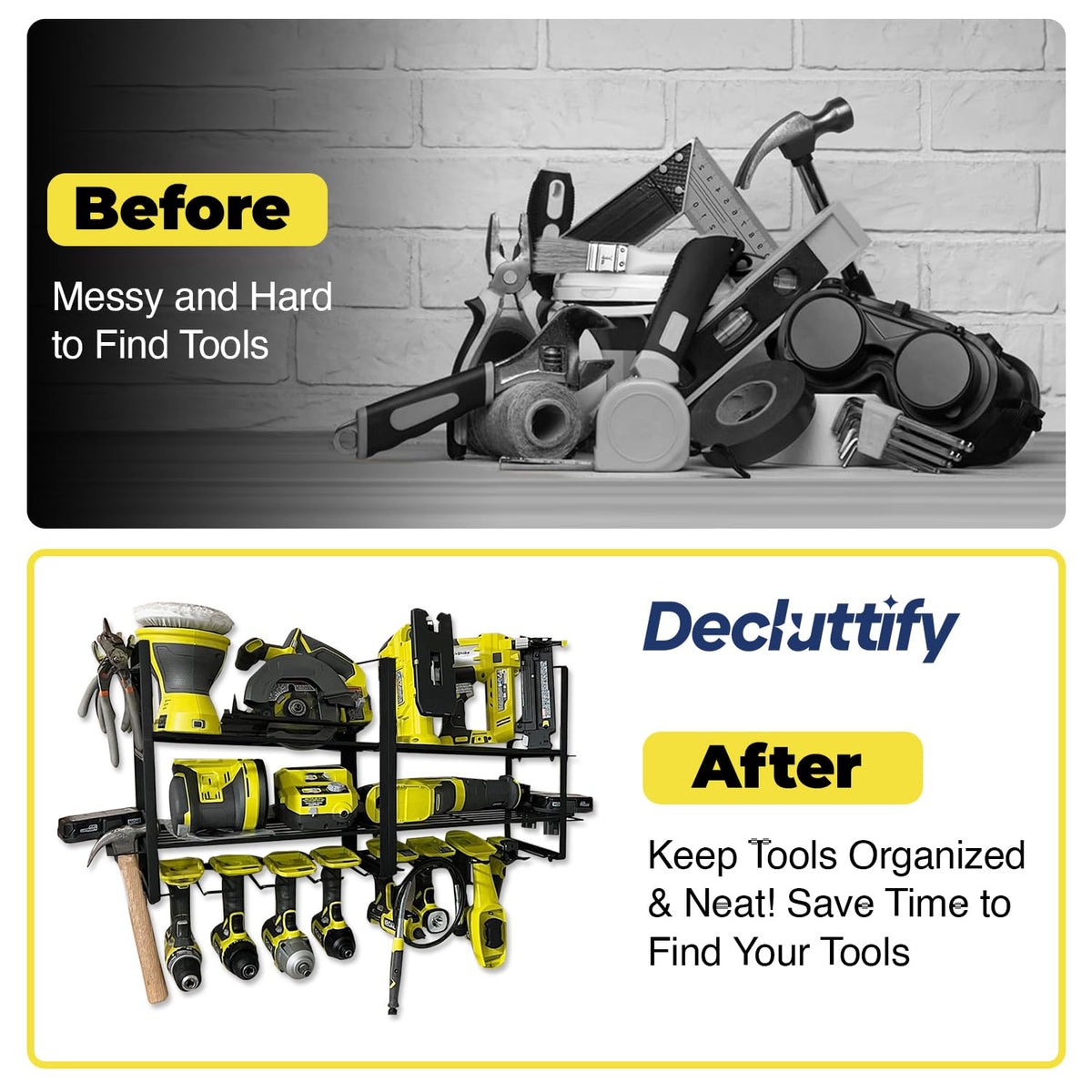 Heavy Duty Power Tool Organizer Wall Mount (Holds Up to 165 lbs) Include Level for Easy Multisurface Install Tool Organizer with Customizable Shelves Multi-Tool Holder for Drills, Hammers & Hand Tools Decluttify
