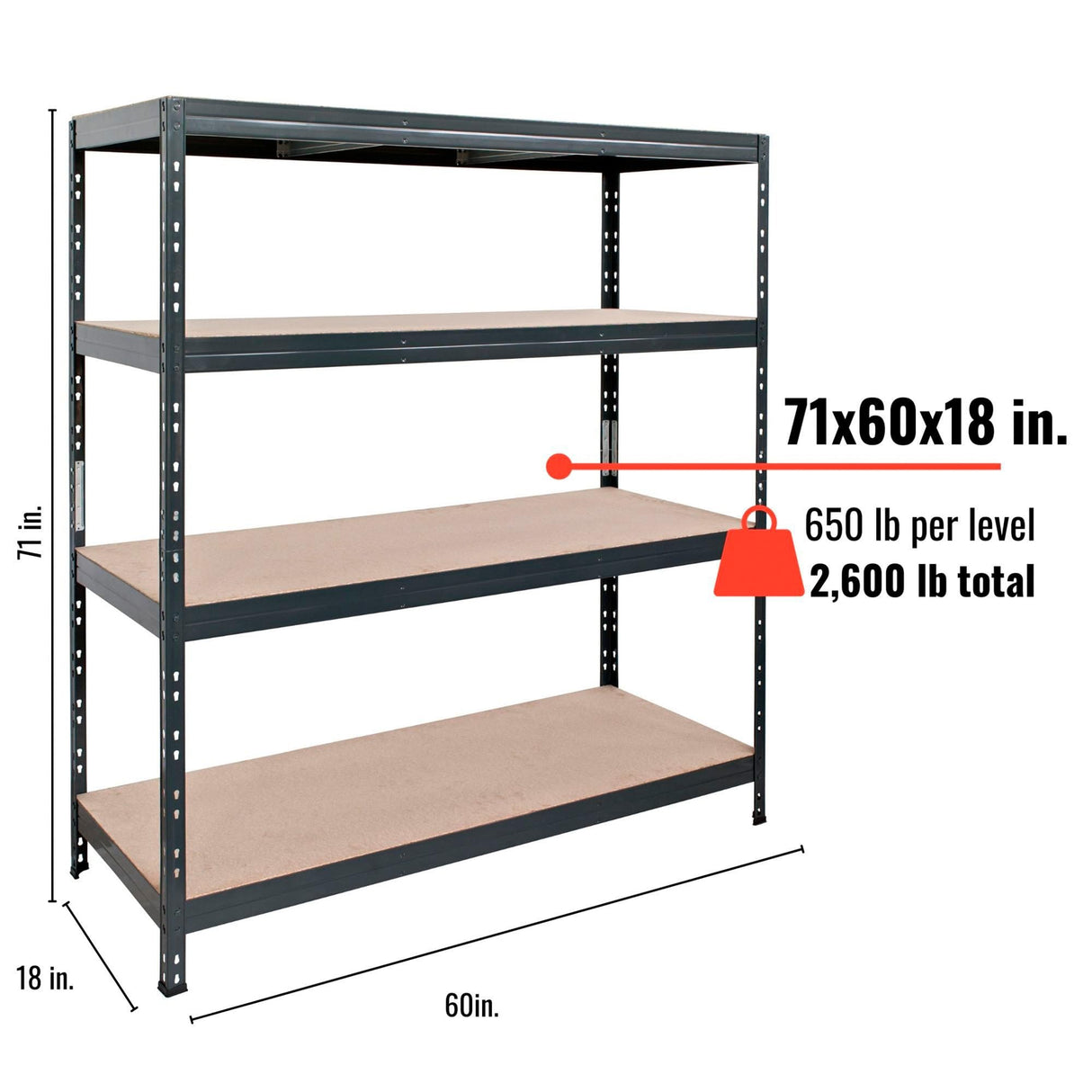 AR Shelving 2400-Lb. Capacity, 71in.H x 60in.W x 18in.D Rivet Shelving Unit, Or Assemble as 2 Benches, Ea. 35 1/2in.H x 120in.L x 18in.D, Matte Dark Gray, Model# Garage 60/18 600 Lbs. AR Shelving