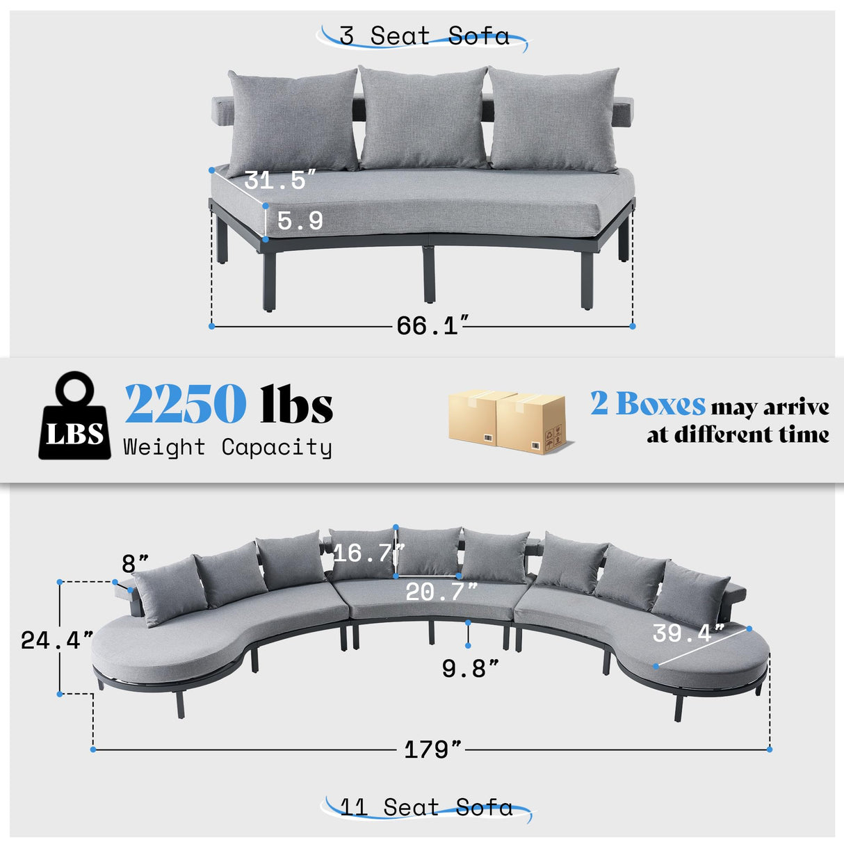 LUXOAK 10 Seats Aluminum Patio Furniture Set, Outdoor Modular Sectional Sofa with 6" Cushions, Curved All-Weather Conversation Set for Modern Backyard, Deck, or Poolside. LUXOAK