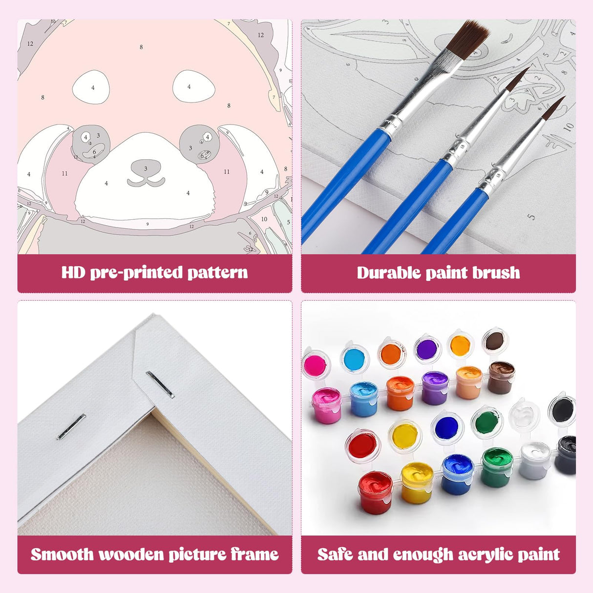 MXJSUA 4 Pack Cute Panda Bear Animal Paint by Numbers Kit with Framed Canvas for Ages 6-12 Kids, Paint by Numbers Kits for Children Beginners, Acrylic Oil Painting for Home Wall Decor Gift (8x8 inch) MXJSUA