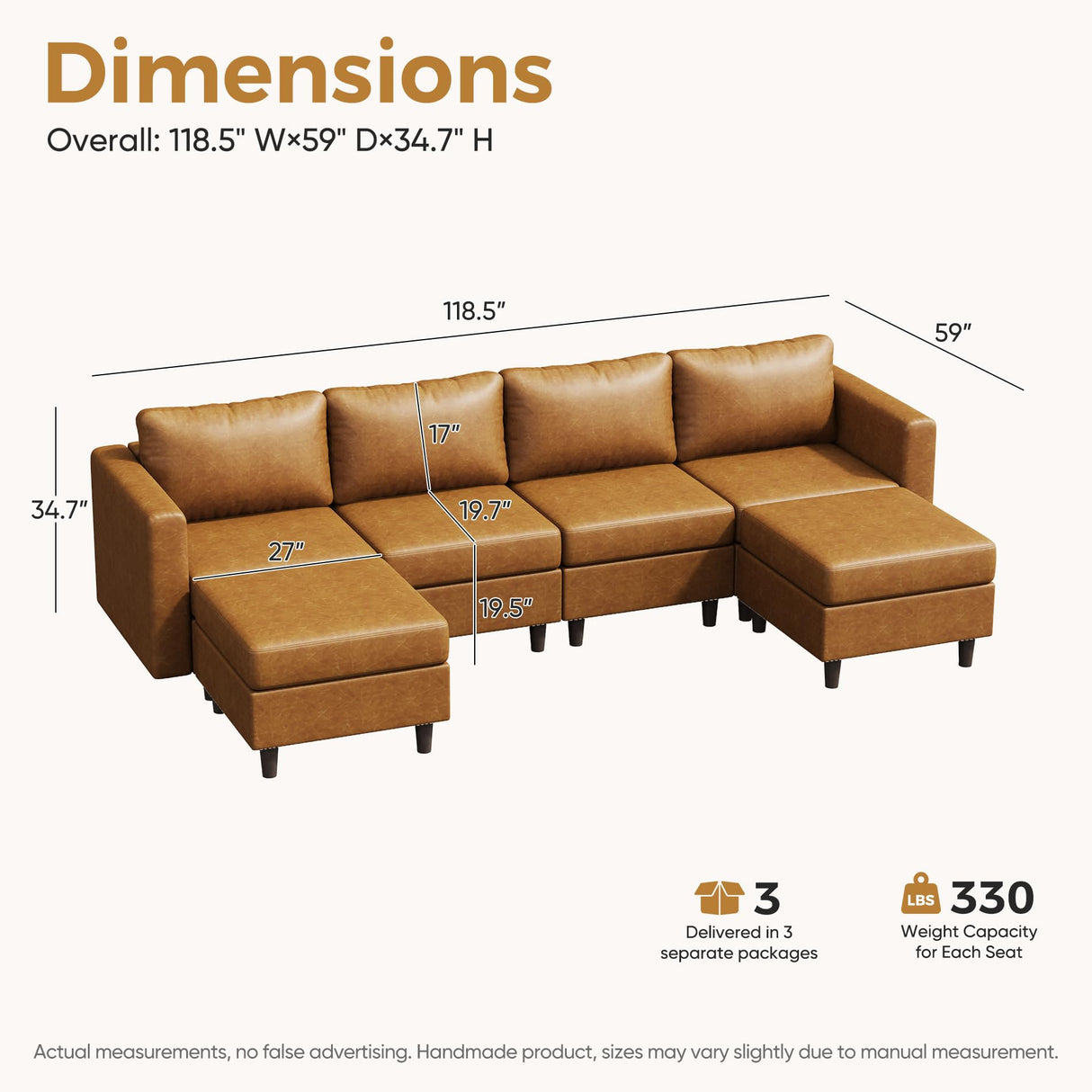 ABCASA Oversized Modular Sectional Sofa, 118.5" Faux Leather 6 Seater U Shaped Couch with Movable Ottoman and Storage Seat with Reversible Chaise Deep Seat for Living Room Brown ABCASA