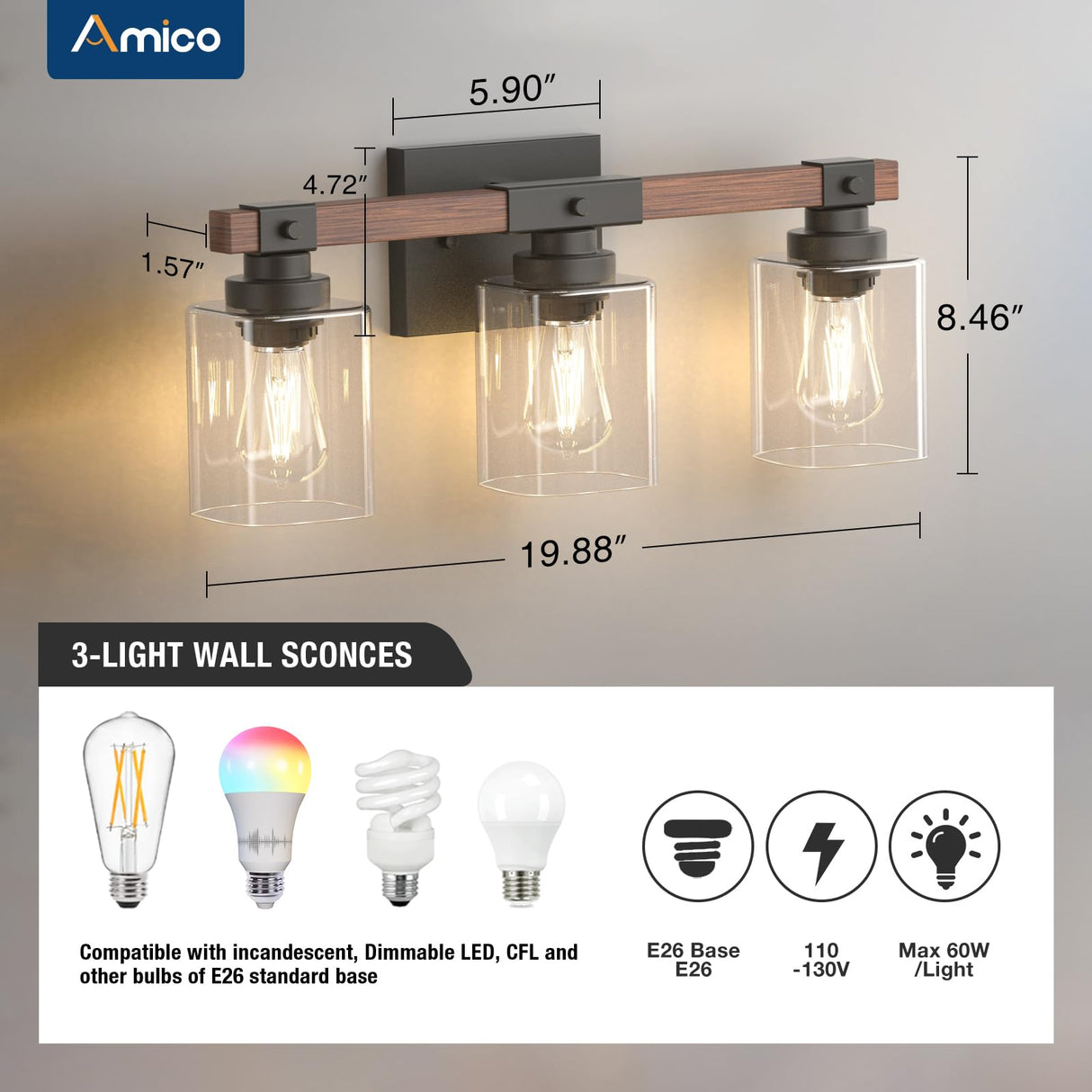 Amico 3-Light Bathroom Vanity Light Fixtures, Rustic Industrial Painted Wood Vanity Lights for Bathroom, Vintage Black Wall Sconces Bathroom Vanity Lighting with Clear Glass Shade Amico