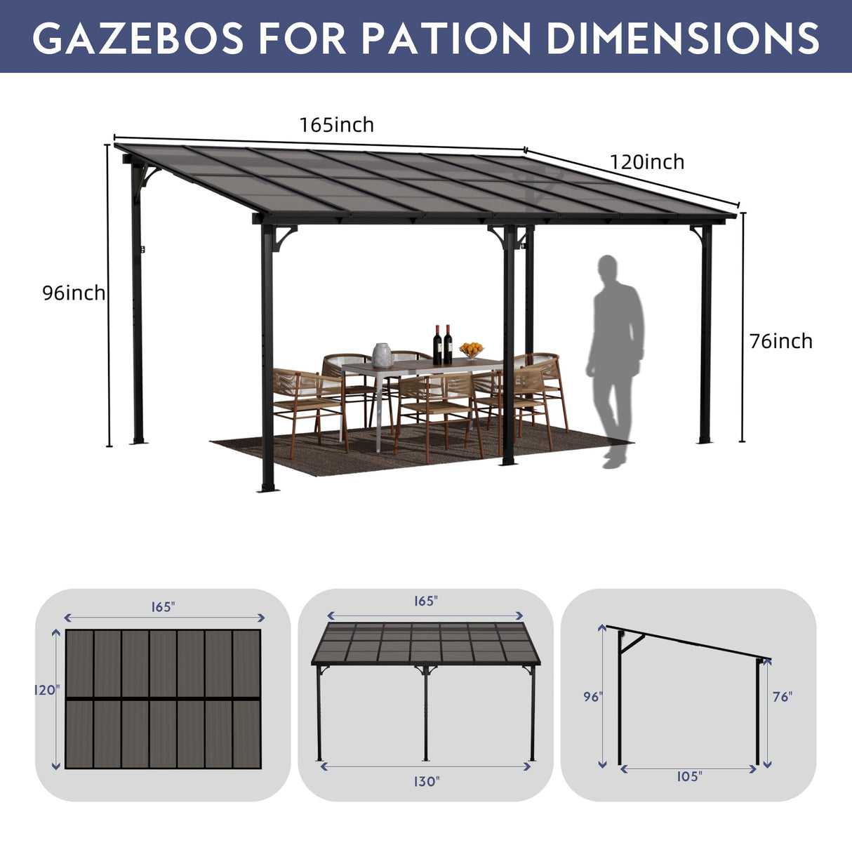 GDPFN 14' x 10' Gazebo, Outdoor Hardtop Pergola with Roof, Wall Mounted Lean to Gazebo, Large Heavy Duty Metal Awnings for Patio, Backyard, Deck⌠GDPFN